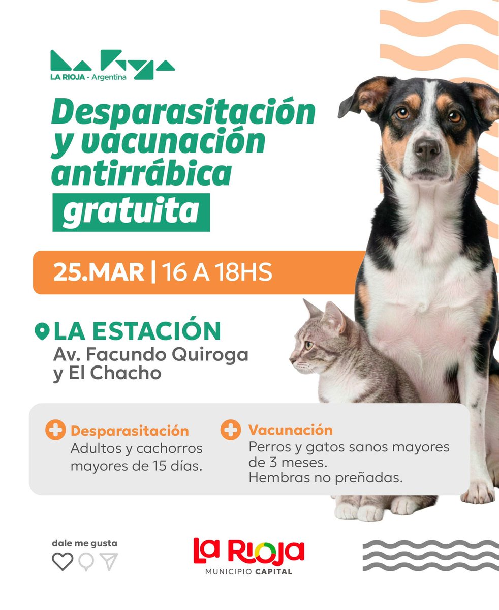 🐶🐱 Este 25 de marzo aprovecha la jornada gratuita para vacunar a tu perro o gato con la antirrábica y desparasitarlos. 💉💊

📌 Te esperamos en La Estación.