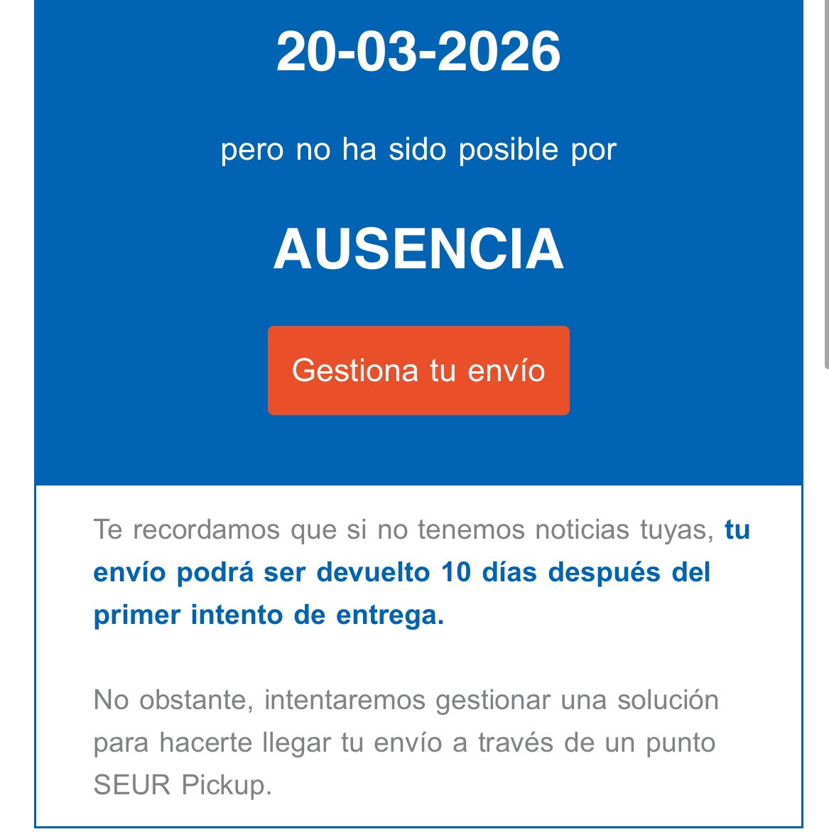 Vik__pucela's tweet photo. @SEUR_responde Nuevamente entrega en ausencia sin el paquete. Ya llevamos 7 días así con 7 intentos https://t.co/w6fBhmdyhF