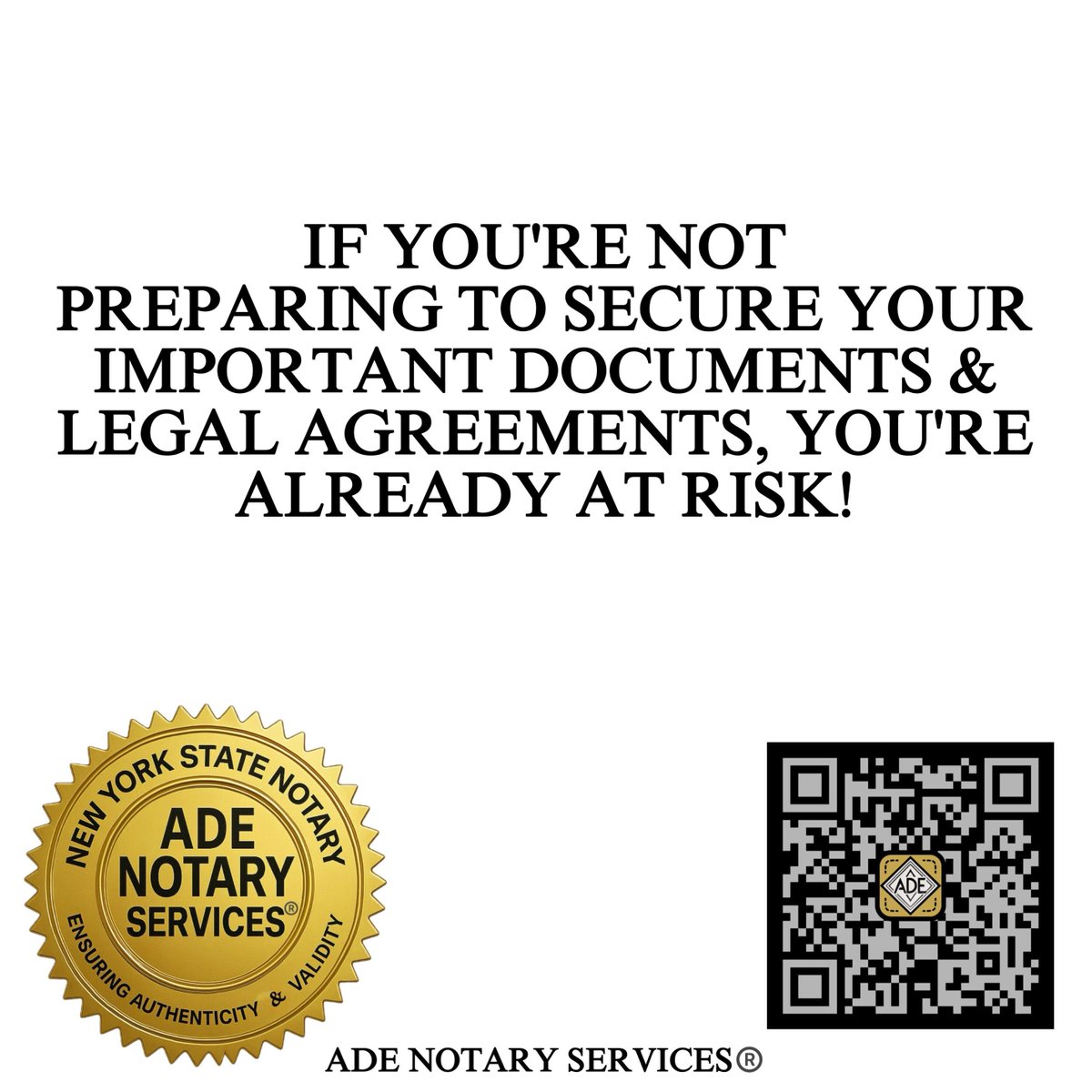 ADENotarySvcs's tweet image. If your documents aren’t secured, you’re already at risk. Protect what matters with ADE Notary Services®. 📜🔐 #NotaryPublic #DocumentSecurity #NYNotary #LegalProtection #ADENotary