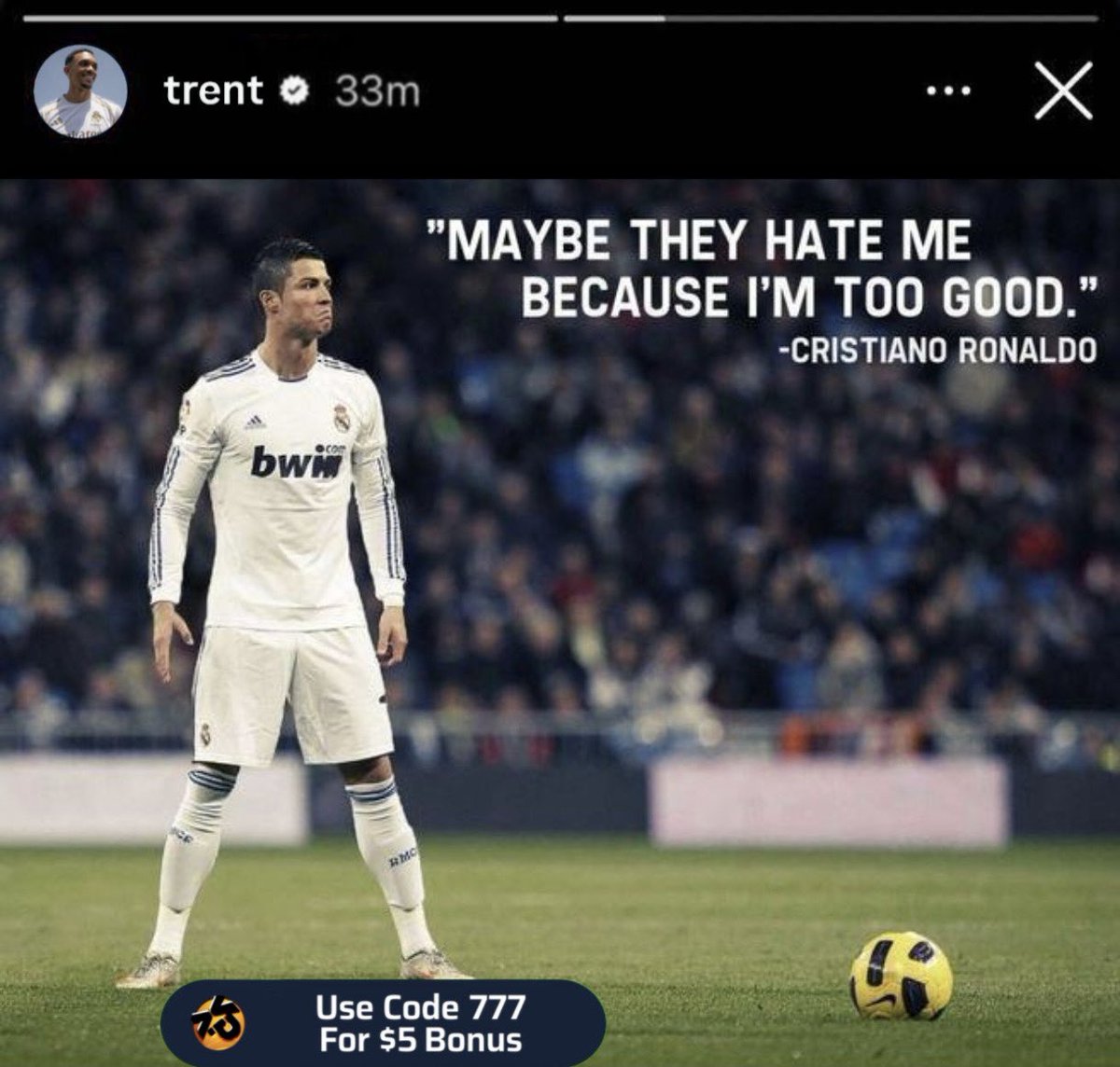 🚨| Trent Alexander-Arnold posted Ronaldo’s famous quote on IG: 

“Maybe they hate me because I’m too good”