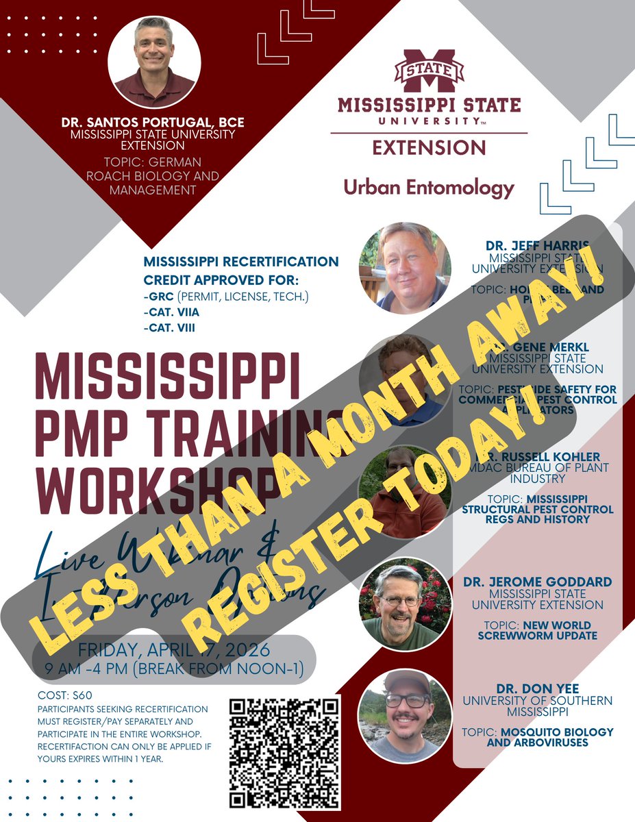 MississippiPMP's tweet image. Our Mississippi PMP Training Workshop is less than a month away and registration is open now. reg.extension.msstate.edu/reg/event_page…
Recert. (MS) approved for GRC (permit, license, tech), Cat. VIIA, and Cat. VIII.  On-campus and webinar options are available.
#MSUext #Entomology #PestManagement