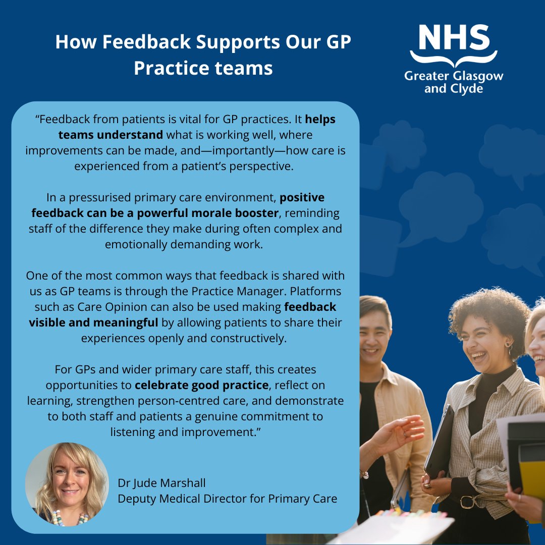 NHSGGC's tweet image. 📰 Feedback Friday!

Dr Jude Marshall, Deputy Medical Director for Primary Care, explains how feedback supports GP practices, is a powerful morale booster and provides opportunities to celebrate good practice

To give feedback, email the practice directly

#FeedbackFriday #NHSGGC