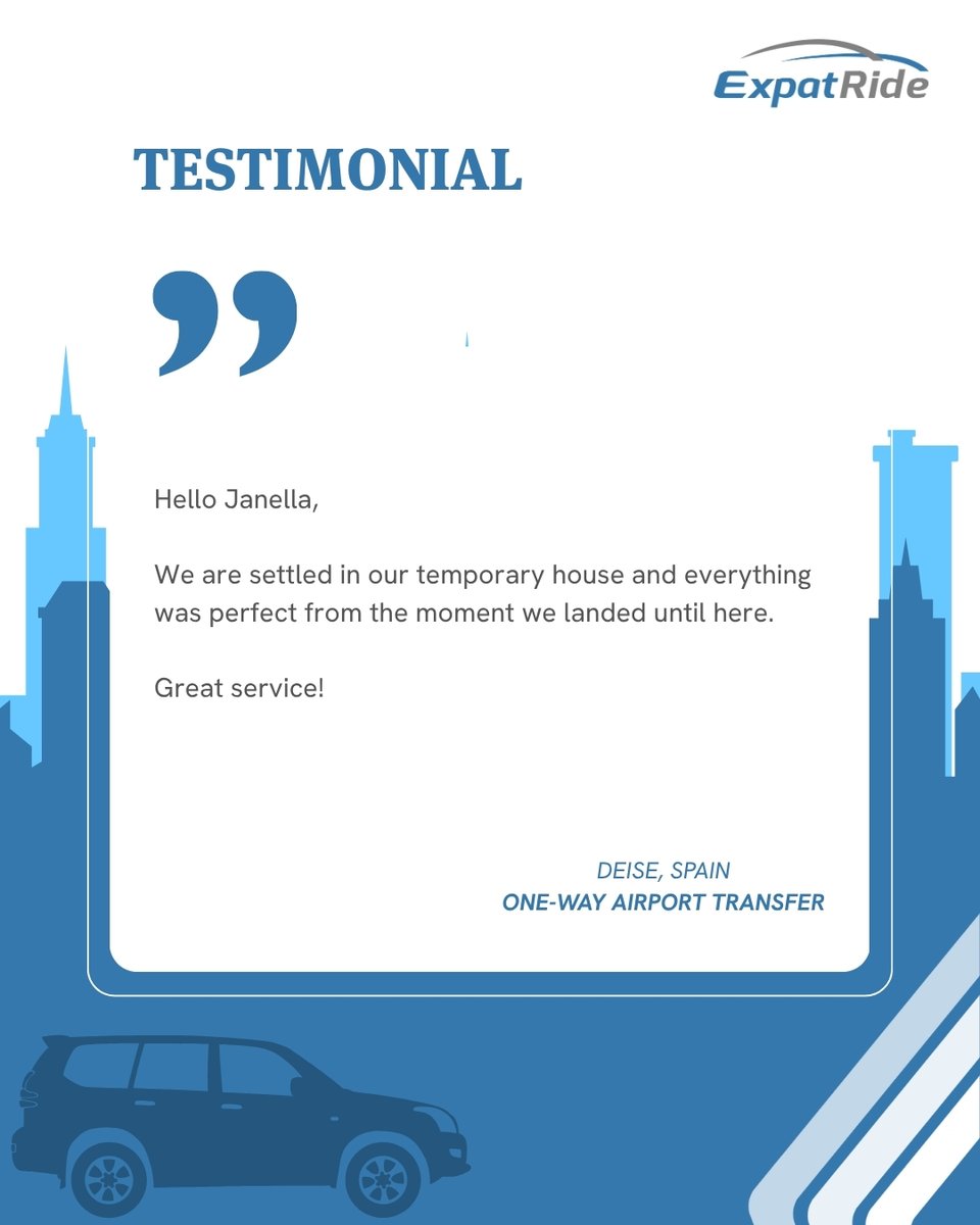 ExpatRide's tweet photo. There’s nothing more rewarding than hearing positive feedback from the people we support around the world 🌍✨

At ExpatRide, every journey matters, and we’re grateful to be part of our clients’ global mobility experience.  🚗

#GlobalMobility #ExpatRide #ClientExperience https://t.co/jZfJ9IOYEF
