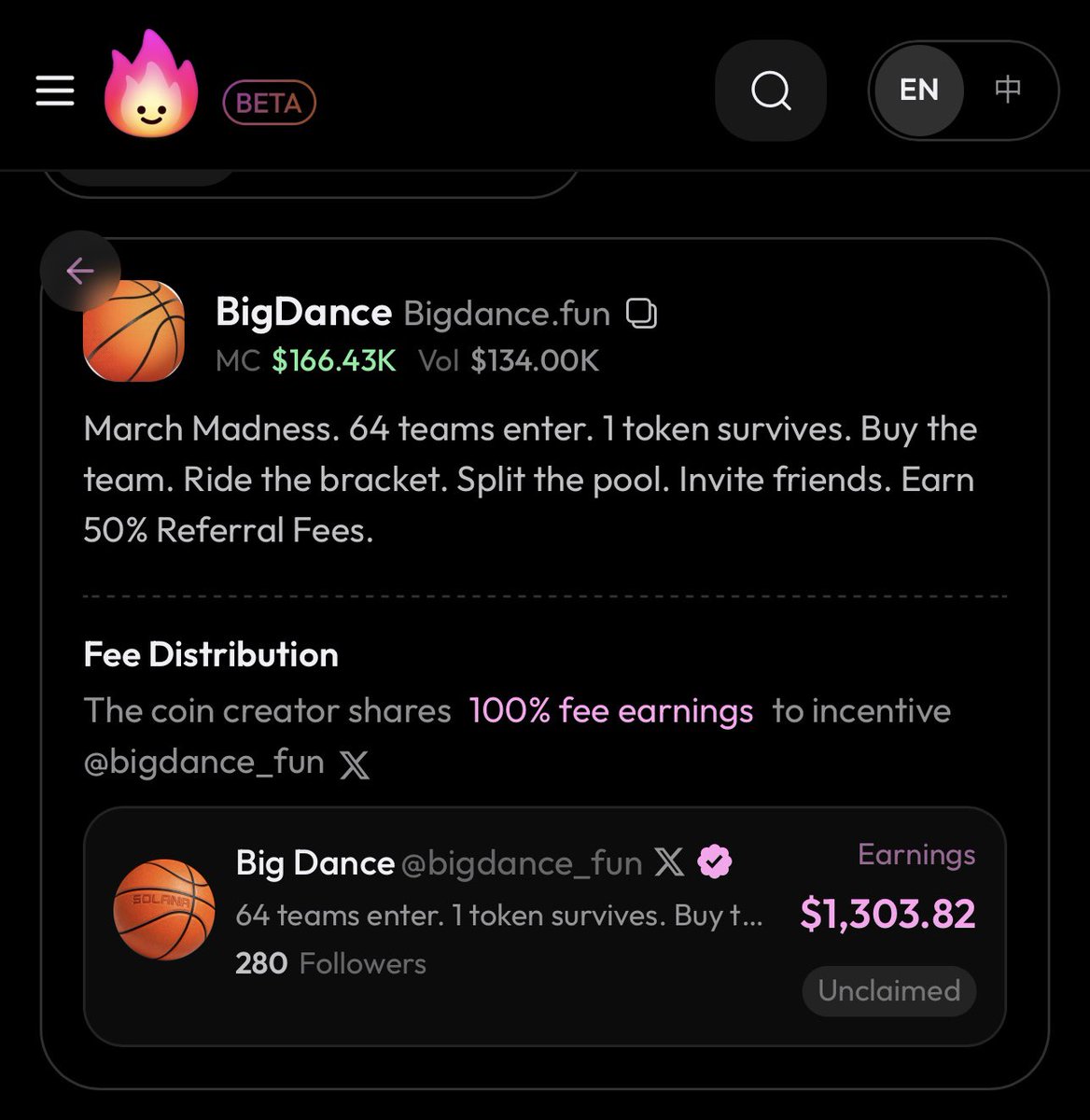<a href="/bigdance_fun/">Big Dance</a> Hehe so now we’ve got tokens for each team, what about a token for yourself hehe

a token on Trends has 1.3k usd-worth of fee for you to claim - maybe you can you that to reward the top referrers?

any thoughts 👀