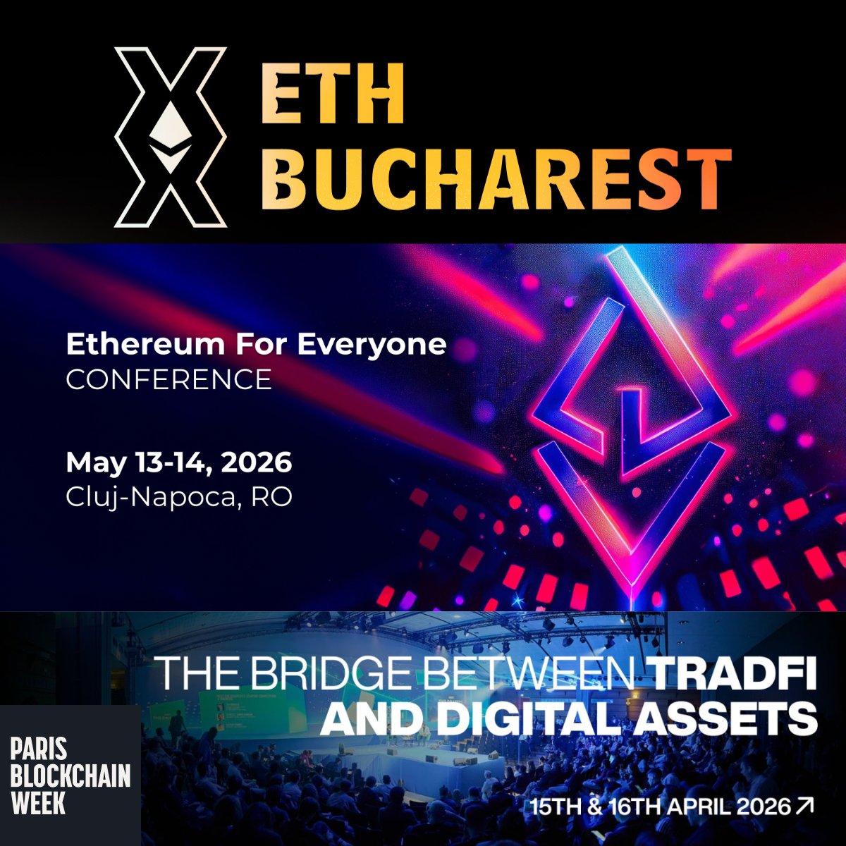 ETHBucharest_'s tweet photo. Our first newsletter is out 🗞️

Two events worth your time this spring:

→ @ETHCluj 2026 — May 13–14, Cluj-Napoca. Free student tickets available.

→ @ParisBlockWeek  2026 — April 15–16, Louvre. We have some easter eggs.

All the details are in the newsletter 👇 https://t.co/jDXFidGI73