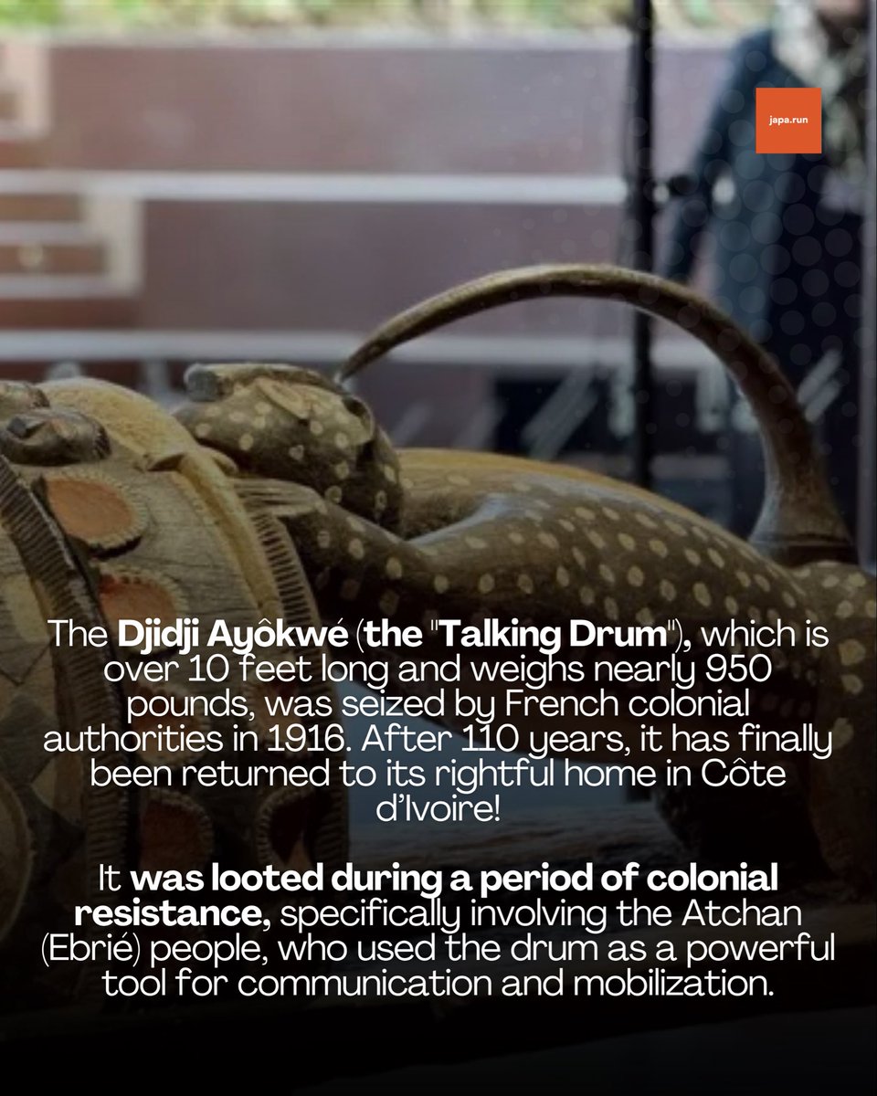 comunity_run's tweet photo. 110 years later and The Djidji Ayôkwé has returned to its rightful home, marking a massive win for African heritage 🥁🇨🇮

Swipe to see the journey of this 10-foot sacred giant back home 🌍✨

Join a vibrant network of communities, each inspired by Africans at home and across the diaspora. Whether you're seeking connection, opportunity, or shared experience, there's a space for you on https://t.co/sR2l2irVf7.
Get started today on https://t.co/hT7YgWfzFu (link in bio)

#japarun
#japarun #africantechcommunity #AfricanDiaspora #OnlineCommunity