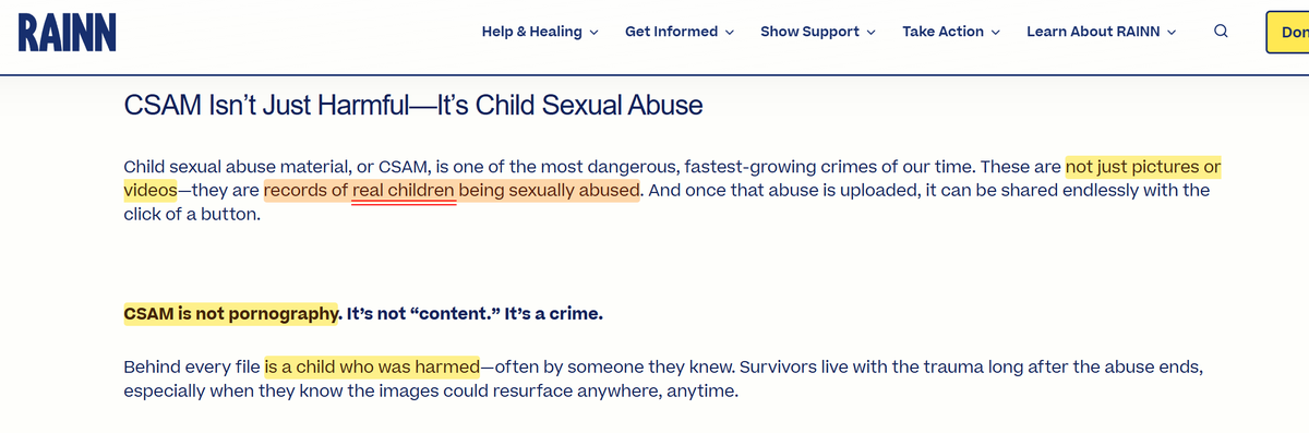 purity_culture's tweet photo. And if you call anime style drawings "CSAM", you're no better.
CSAM describes "records of REAL CHILDREN being sexually abused". https://t.co/hwX4dDhalN