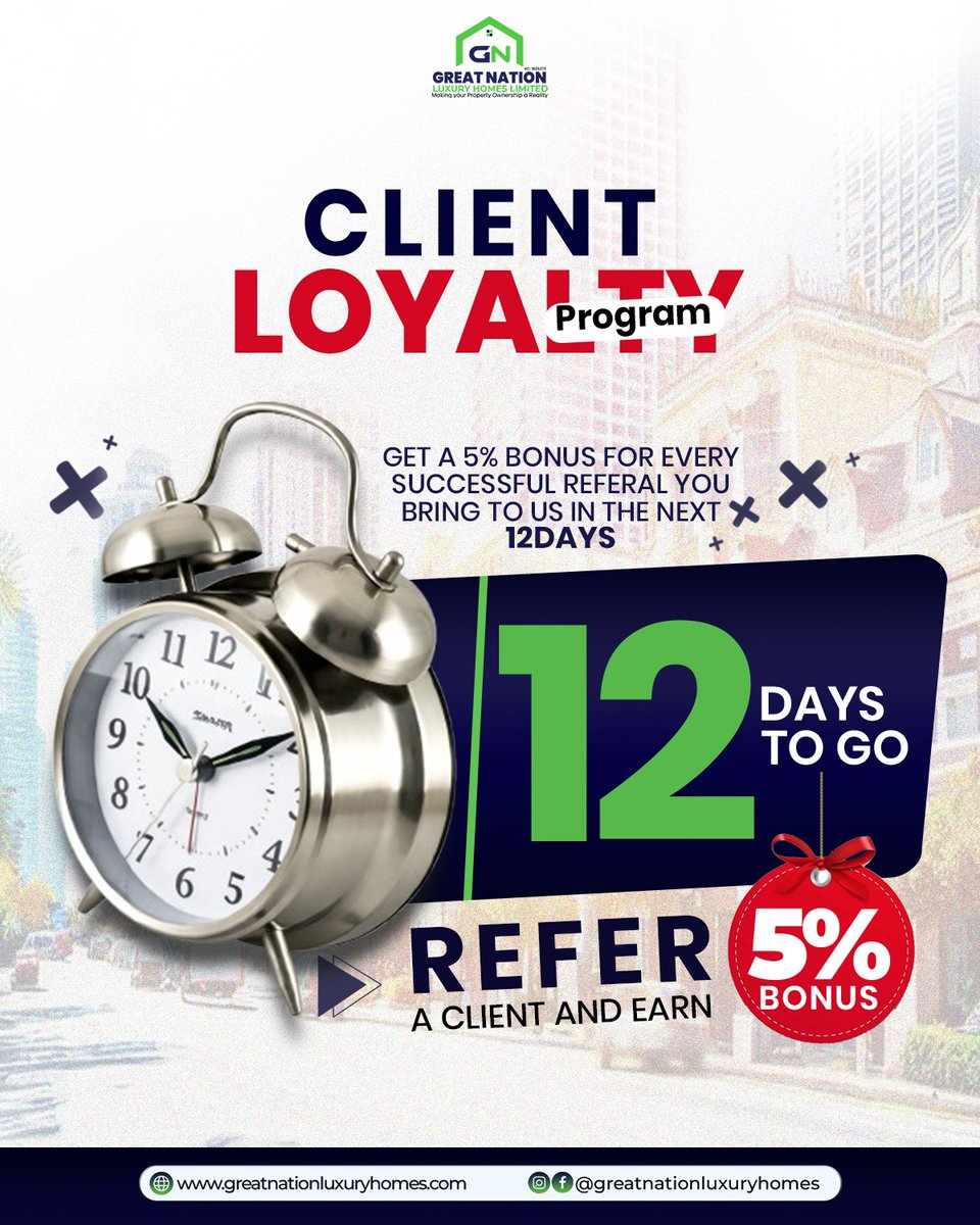 GreatH40923's tweet image. ⏳ Only 12 days left to benefit from Great Nation Luxury Homes Limited Client Loyalty Program!

Earn a 5% bonus on every successful referral, simply connect someone to us and get rewarded. 💰

Don’t keep this opportunity to yourself… refer, earn, and win big!

#ClientLoyalty