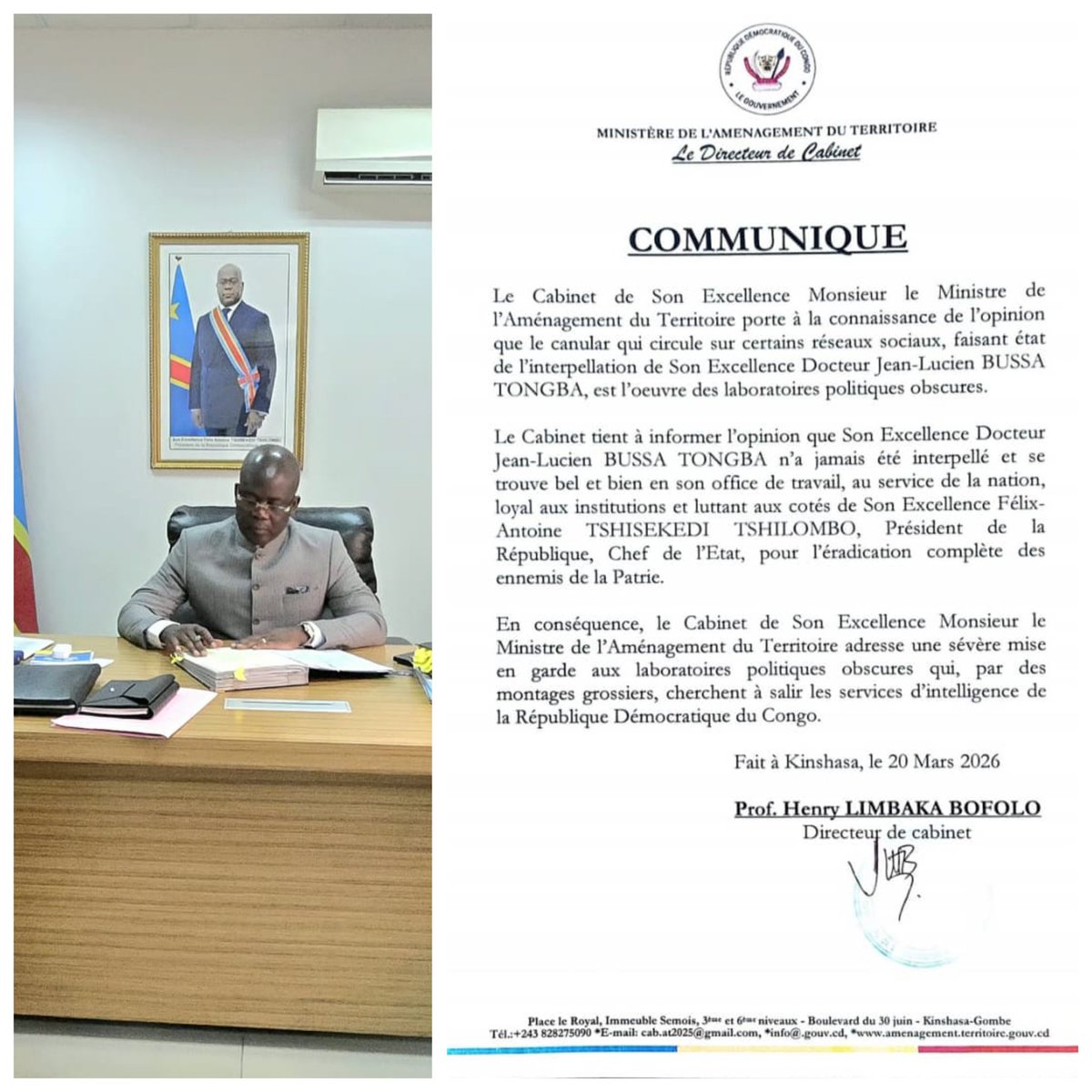 VianneyMUTUL86's tweet photo. #Halte à l'intox.
SEM Docteur JL Bussa Tongba est https://t.co/BXYoeZZ4y3 a pris part au Conseil de Ministres de ce vendredi 20/03
Honte aux officines obscures qui veulent saper la personnalité de cet homme d'Etat loyal envers le Chef de l'Etat et ayant une conduite irréprochabl https://t.co/79UV2plq9W