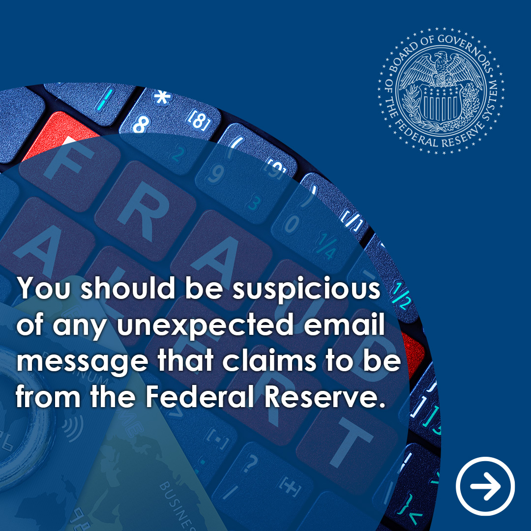 Blue tile with white copy "You should be suspicious of any unexpected email message that claims to be from the Federal Reserve." Federal Reserve seal in upper right-hand corner.