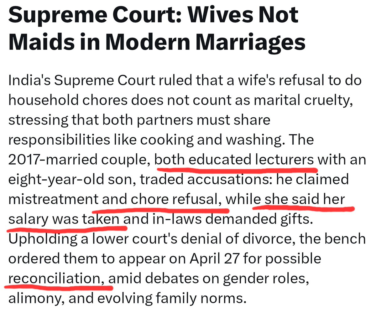 Why Courts are denying divorce to this couple for 9 years? Why is there a talk of reconciliation instead of accepting the reality? Why courts are so trad?

A woman either has to financially contribute to household (and childcare) expenses or she has to do household chores.

She