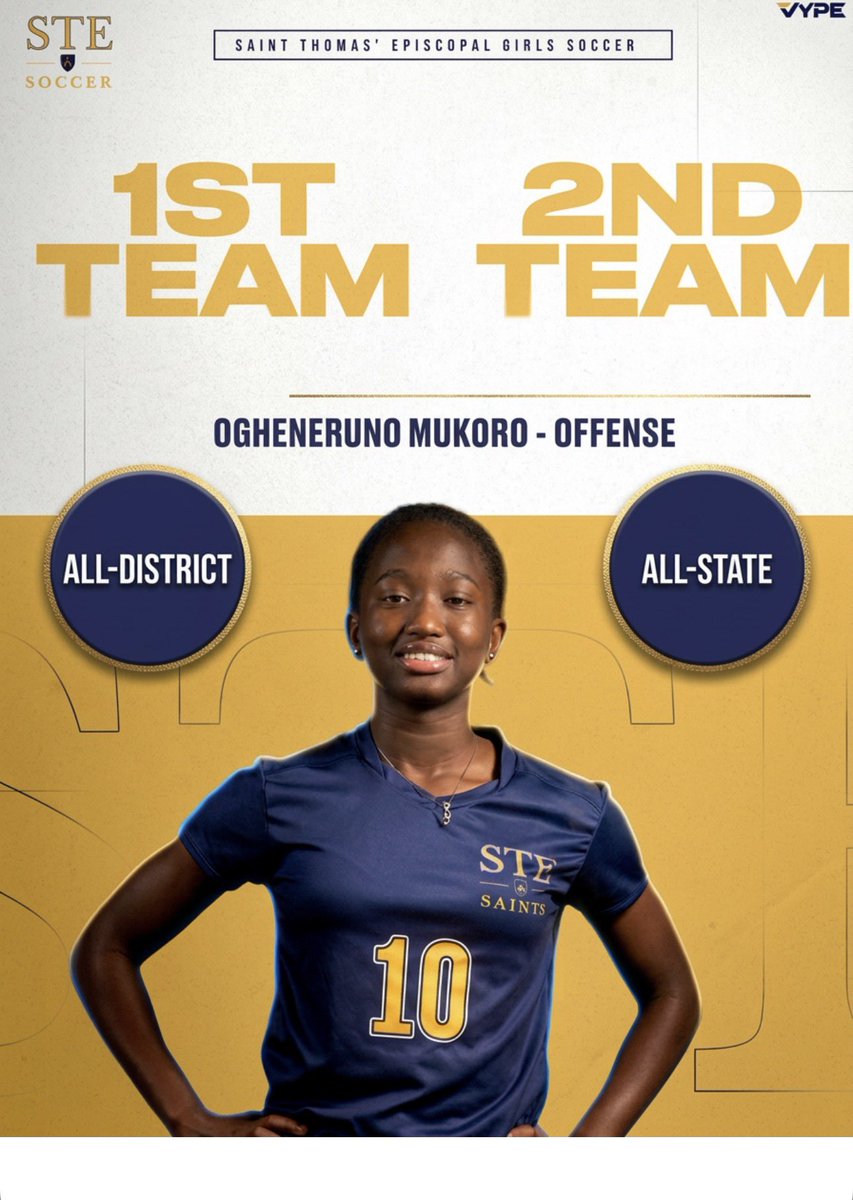 STE_Saints's tweet photo. 🏆⚽ ALL-DISTRICT HONORS – RUNO MUKORO
Congratulations to Runo on earning ⭐ TAPPS DIV III 1st Team All-District &amp; 2nd Team All-State.
Mukoro led the way creating, scoring all season, solidifying as one of the best in the state at her position. 
#LadySaintsSoccer #TheSaintsWay https://t.co/O5wBchboGV