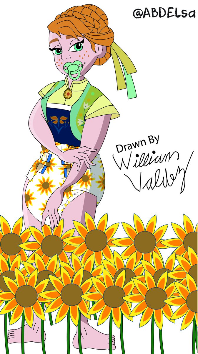 DiaperedElsa's tweet photo. #HappyFirstDayOfSpring! This year's theme is #DisneyPrincesses! And I decided to return to my original drawings of #ABDElsa in 2023 for reference. But I've improved so much on a lot of things like body structure and #DiaperDesign so I thought I'd go back and improve the original drawings to use for the #Disney Princesses. There will also be a Disney Princess for each #season as well so 4 of the drawings will be completely new as I didn't have #Elsa do the #seasons. Anyways here's some BRAND NEW #NSFW #ABDL #Fanart of #Anna from #Frozen for #Springtime. She has her look from #FrozenFever during her Springtime #Birthday, a Sunflower #Diaper, #Pacifier and is standing in a field of Sunflowers. Hope you like it, stay #Diapered to keep your clothes and furniture clean, and look forward to another Disney Princess in just a few days for #AprilFoolsDay.