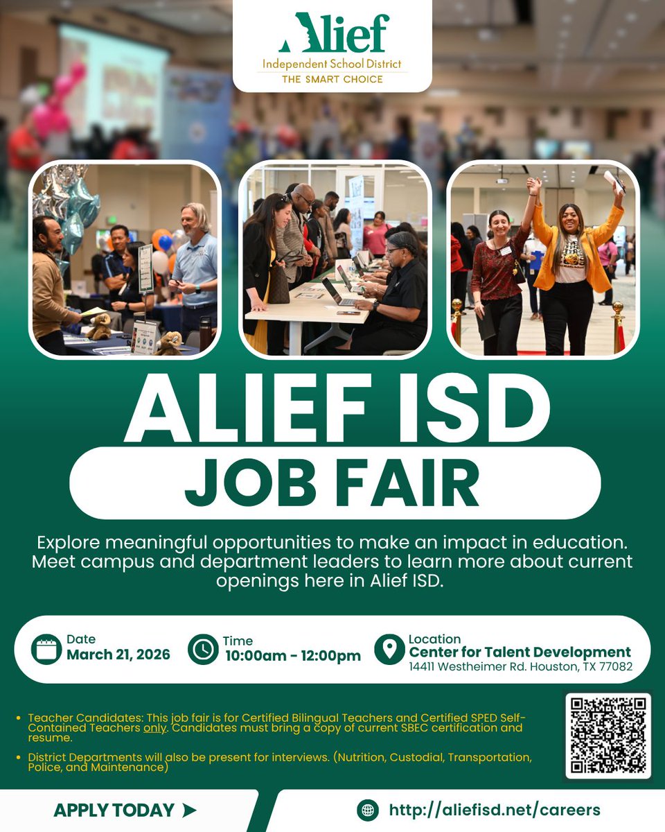 AliefISD's tweet photo. HAPPENING TOMORROW: Join us at the Alief ISD Job Fair to explore meaningful opportunities to make an impact in our students' lives. Meet campus and department leaders, learn about current openings, and take the next step in your career with #TheSmartChoice.
📅 March 21, 2026
⏰ 10:00 a.m. – 12:00 p.m.
📍 Center for Talent Development
We’re looking for Certified Bilingual and Certified SPED Self-Contained Teachers, and district departments will also be on-site for interviews!
Apply today at https://t.co/4oLM9SL5MU
#AliefProud #AliefCareers #JoinAlief