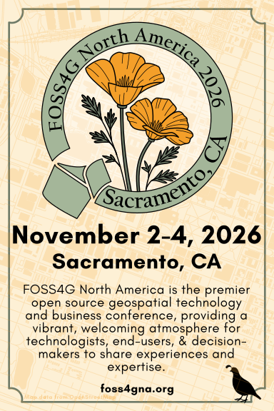 foss4gna's tweet photo. FOSS4G North America will be November 2-4, 2026 in downtown Sacramento, CA this year! We hope you'll join us for three days of sharing, creating, learning, and community around open source geospatial software! Save the date! More details are coming soon! https://t.co/dEOk32uVWp https://t.co/DRnAPTIIuC