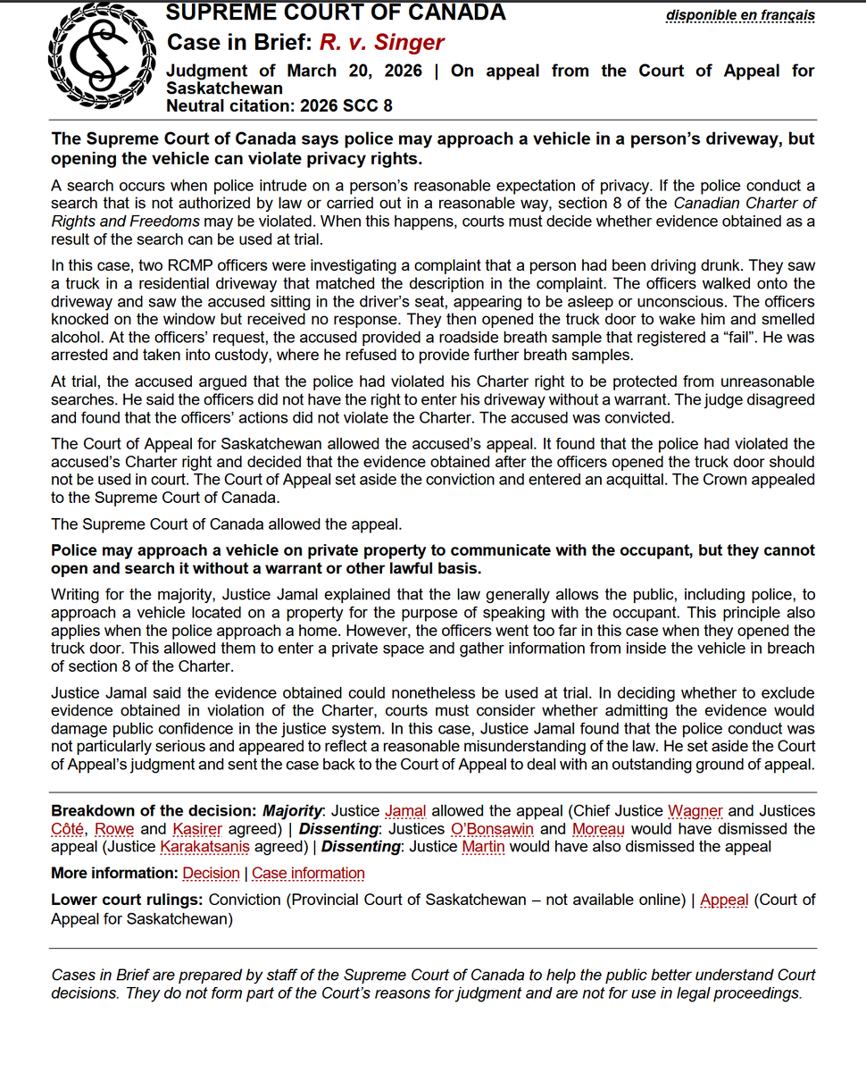 LawScribes's tweet image. Charter Rights s8: Split 5-4 with 3 opinions Supreme Court Canada said #Police may approach a vehicle on private property to communicate with the occupant, but they cannot open and search it without a warrant or other lawful basis.  #scc #privacy #criminallaw