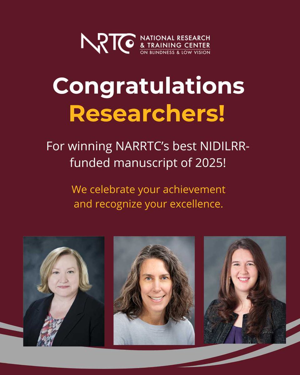 MSU_NRTC's tweet image. Congratulations to the NRTC's Director, Dr. Michele McDonnall, Research Scientist I, Dr. Karla Antonelli, and MSU’s @MSUBusiness Instructor, Dr. Emily Marett. Their research was named NARRTC Best #NIDILRR-Funded Manuscript of 2025. @NARICInfo 

Pub link: tinyurl.com/NRTCaward
