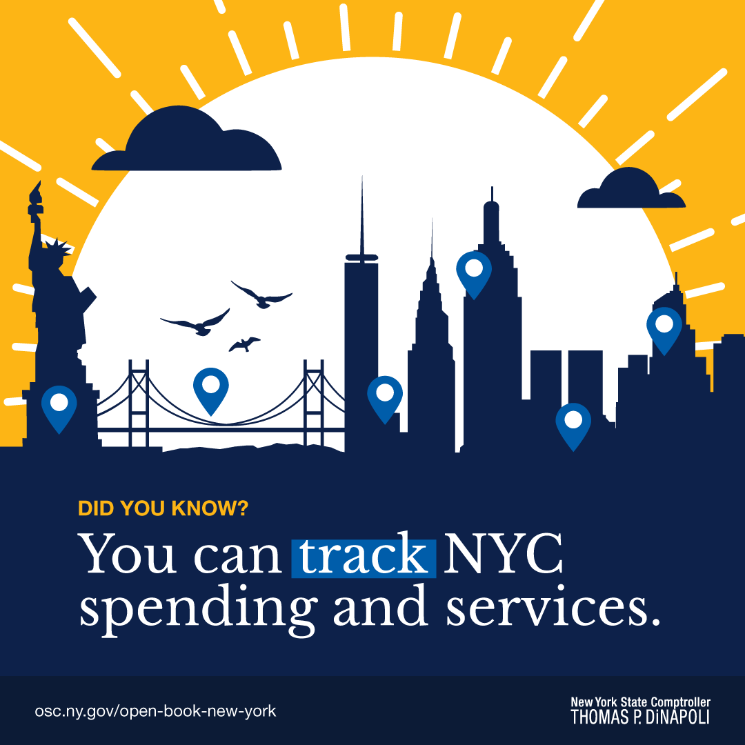 NYSComptroller's tweet photo. During Sunshine Week, no need to stay in the dark about city services and spending in NYC. My office provides dashboards and tools to track tax dollars, economic trends and neighborhood concerns. ☀️ Transparency puts the information in your hands. See for yourself: https://t.co/Vvi9fB3OmY