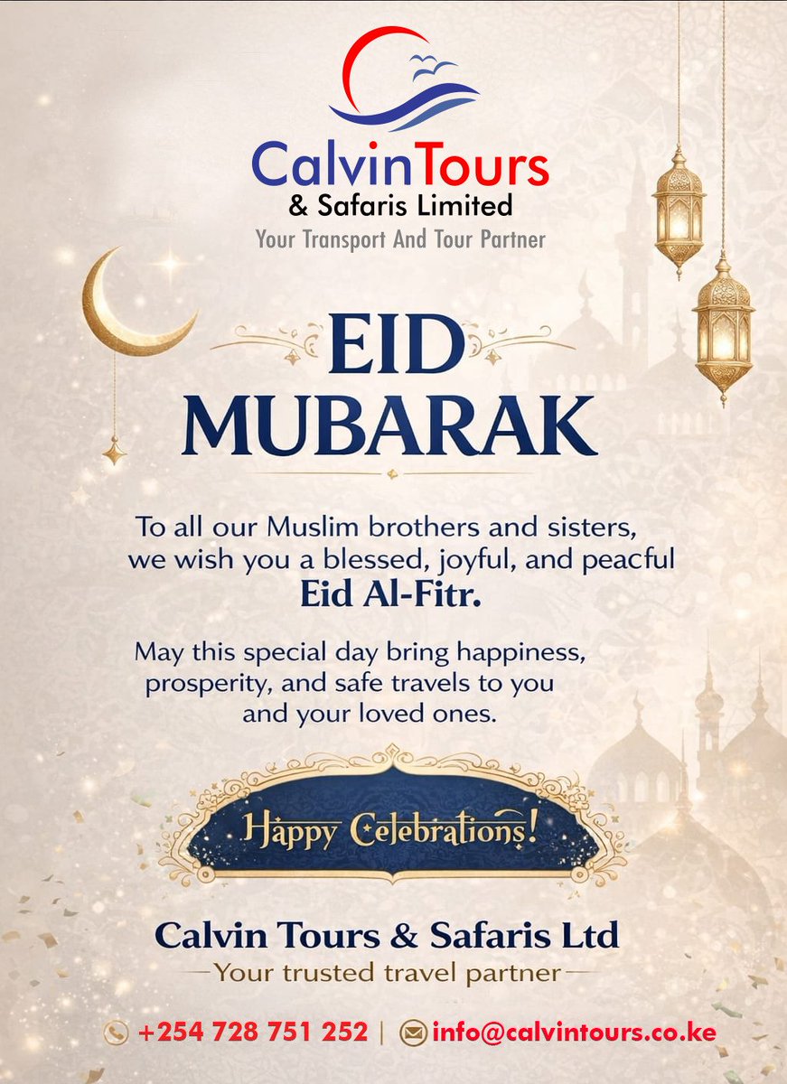 CalvinTours's tweet photo. 🌙 Eid Mubarak to our brothers and sisters celebrating.
Wishing you all a joyful and peaceful season.
We truly appreciate your support.
– Calvin Tours &amp; Safaris Ltd. https://t.co/9ArkuV2So1