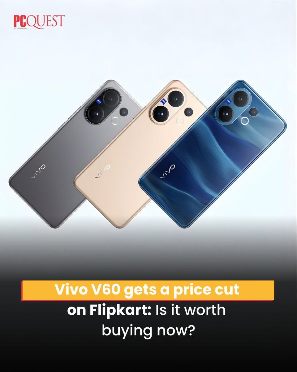 pcquest's tweet image. @Vivo_India V60 price drops on @Flipkart with bank offers, EMI and exchange. Strong display, battery and @ZEISS_Group cameras make it a top mid-range pick.

pcquest.com/smartphones/vi…

#PCQuest #VivoV60 #Smartphones #Android #Flipkart