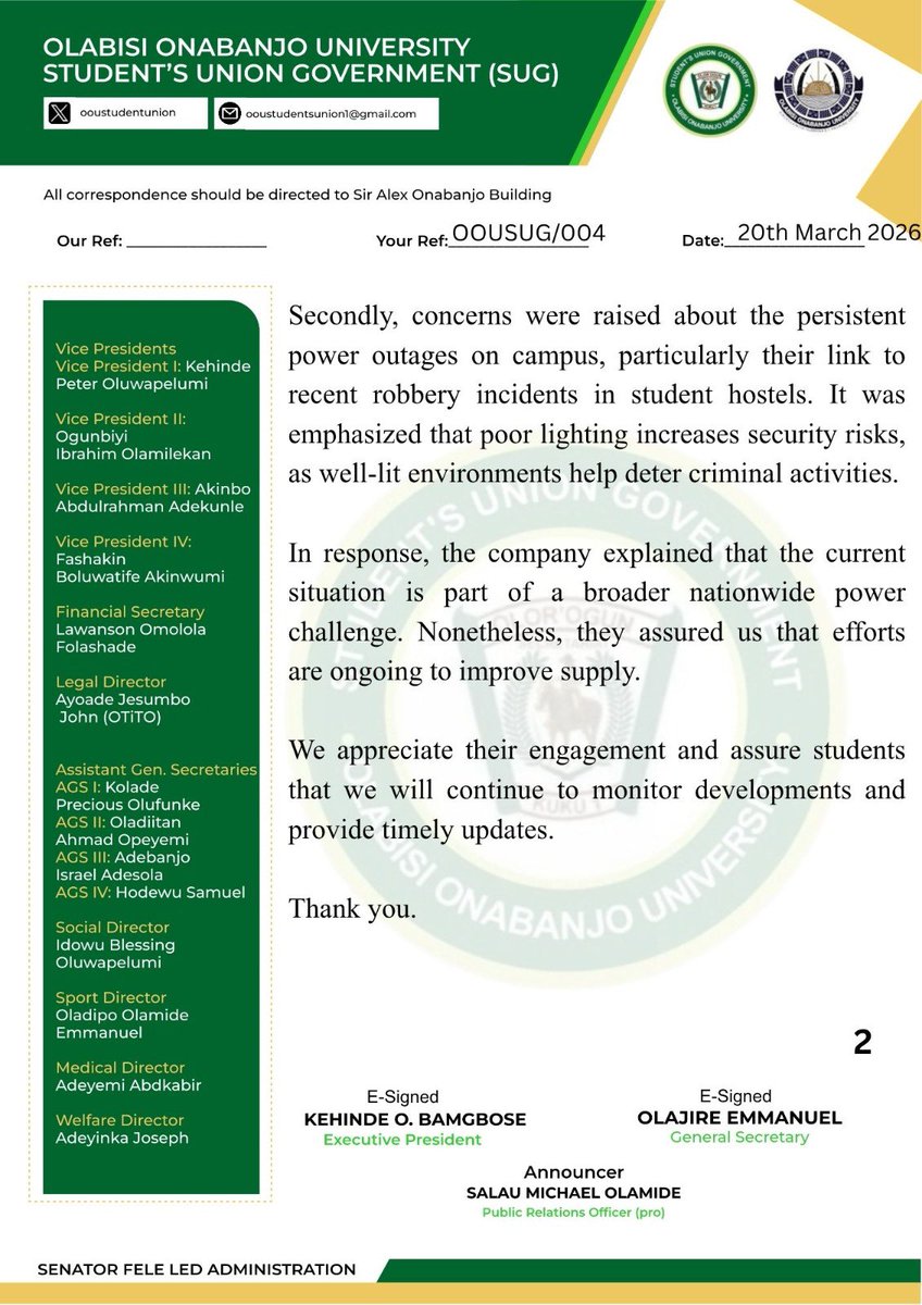 Olabisi Onabanjo University Students’ UNION tweet media
