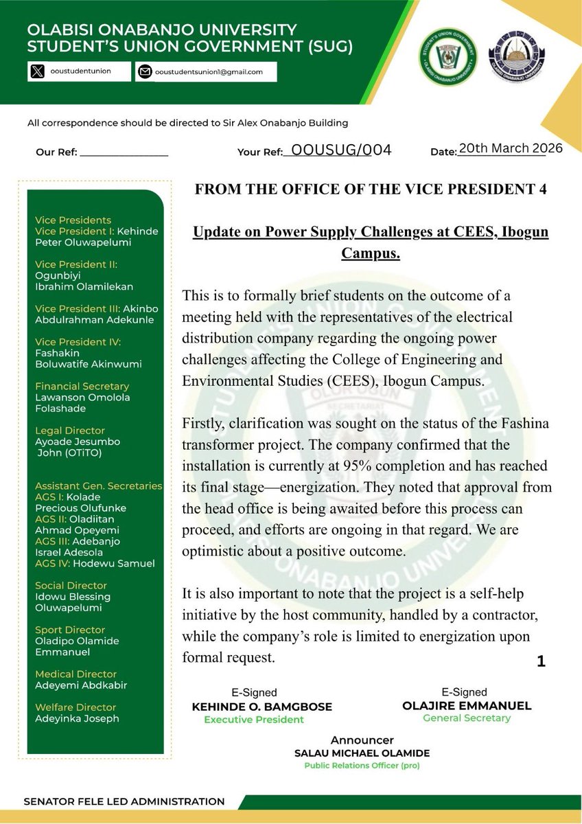 Olabisi Onabanjo University Students’ UNION tweet media