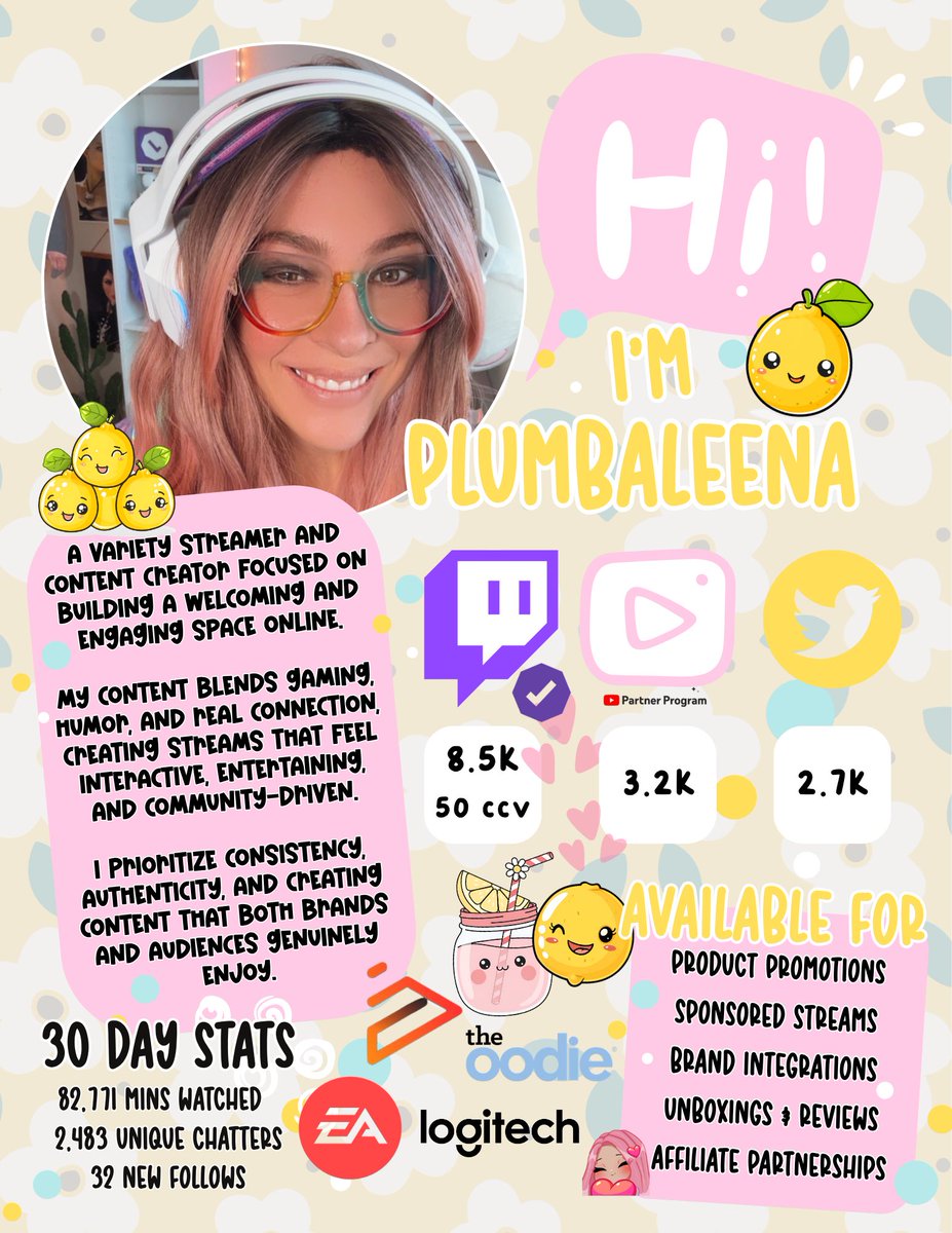 plumbaleena's tweet image. This was so fun to make! I’ve never done one and figured why not? Don’t know who will see it but it was still enjoyable to design 🥰 🍋 

#mediakit #twitch #twitchpartner