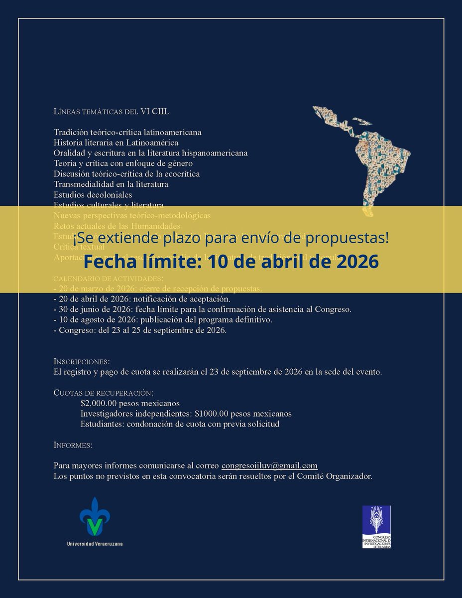 Estimada comunidad: 
¡Buenas noticias!
Hemos extendido el plazo para recibir sus propuestas para el VI Congreso Internacional de Investigaciones Literarias.
¡Aún están a tiempo de participar, no se queden fuera! 
Más información: uv.mx/inslit/general…