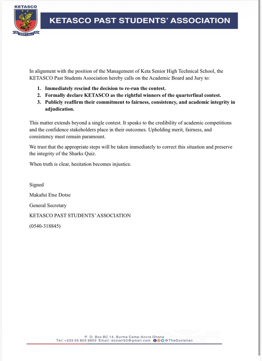 STATEMENT RELEASE 📣

The Sharks Quiz:  KETASCO VRS AUGUSCO 

#Dzolali