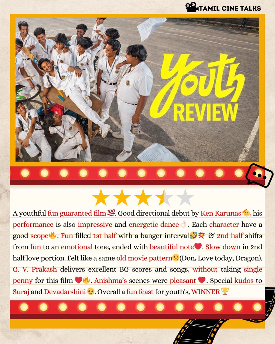 #Youth Review ❤️‍🩹👏🏻 

Good debut 😀👌🏻 <a href="/KenKarunaas/">Ken Karunaas</a> 

Like <a href="/hiphoptamizha/">Hiphop Tamizha</a> has #MeesayaMurukku, Ken has Youth🔥

Technically, the film may fall short, but not in our hearts 🥹. It’s fun emotional, and filled with moments that truly stay with us for every re-watch ‼️

 #youthreview