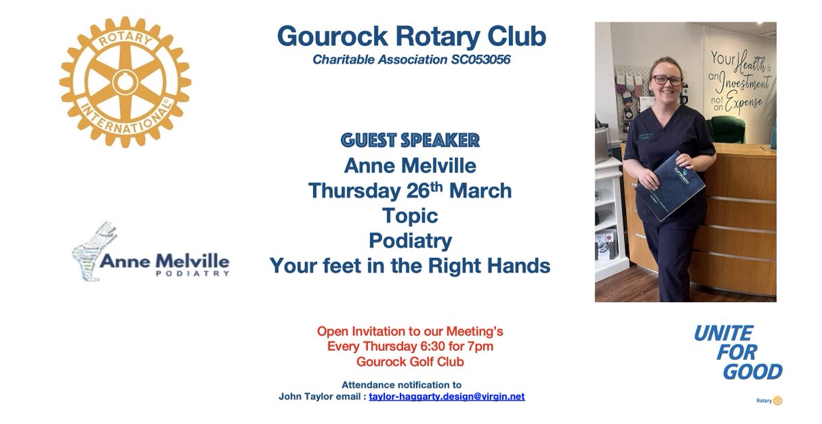 GourockR's tweet photo. Our guest speaker this Thursday is Anne Melville, a local Podiatrist. Everyone is welcome. Email the secretary to request a copy of the evening meal.@annemelvillepodiatry @greenocktele @inverclyde_now https://t.co/2coO8AZuVU
