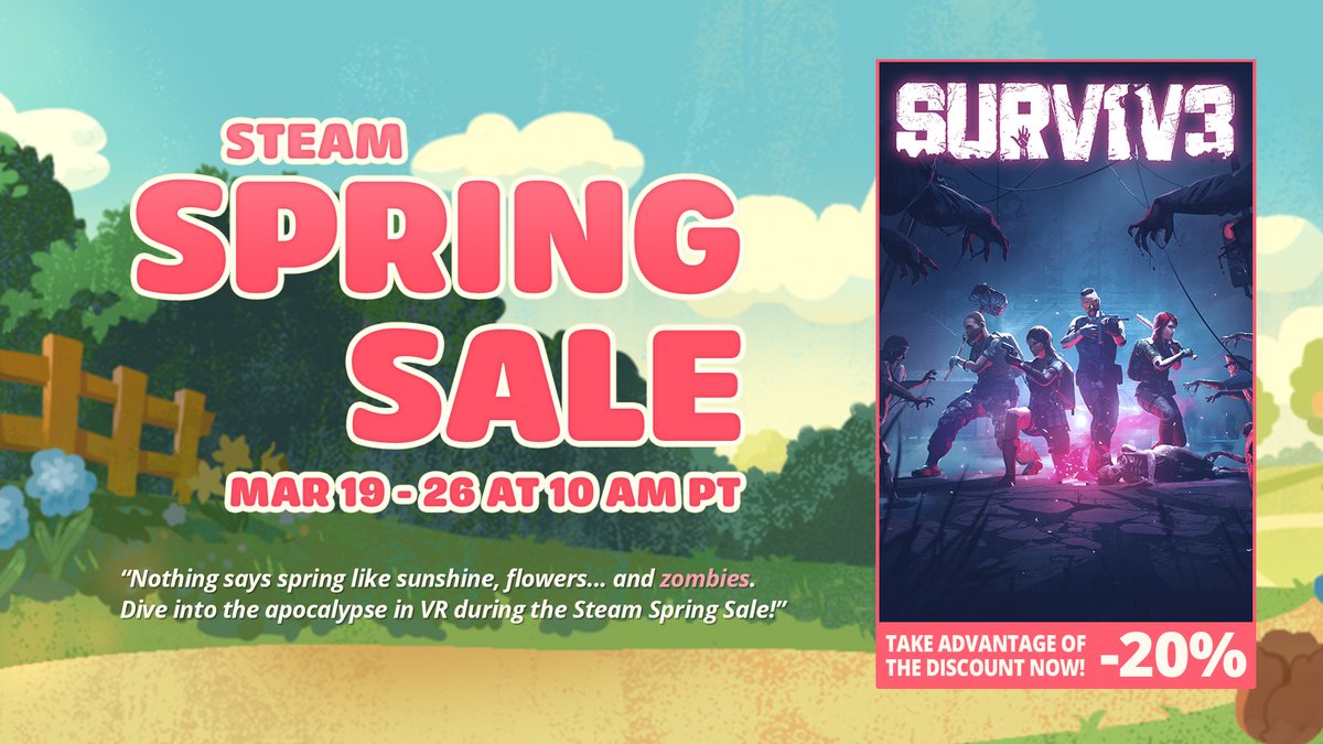 SURV1V3_VR's tweet image. Spring is here… and so are the zombies 🌸🧟‍♂️
Jump into the apocalypse during the Steam Spring Sale! 😎
Jump in: tinyurl.com/52wcvr59
#surv1v3 #survival #zombie #vr #virtualreality