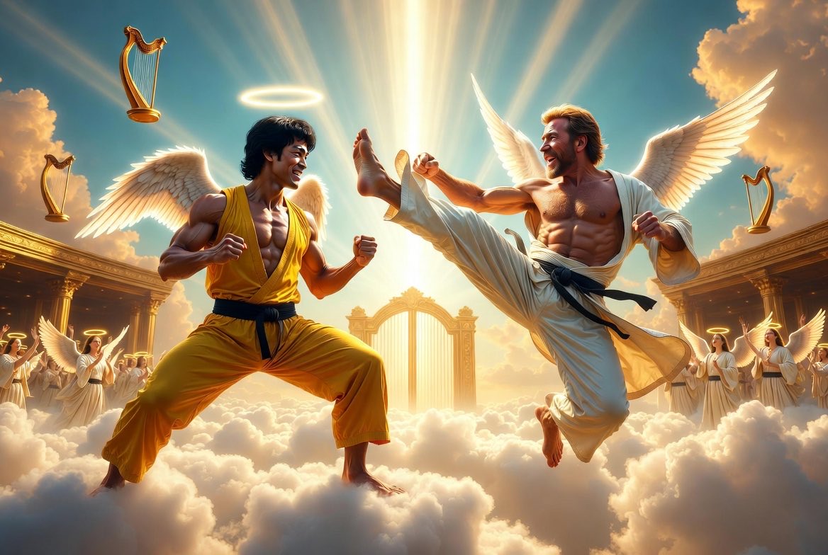 Mofoman360's tweet image. Chuck Norris and Bruce Lee in Heaven 

Photo created using Grok 

RIP Chuck Norris 😢😢
