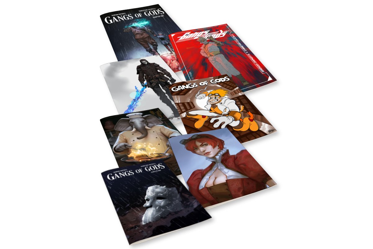 All of the covers for the first two issues of my comic