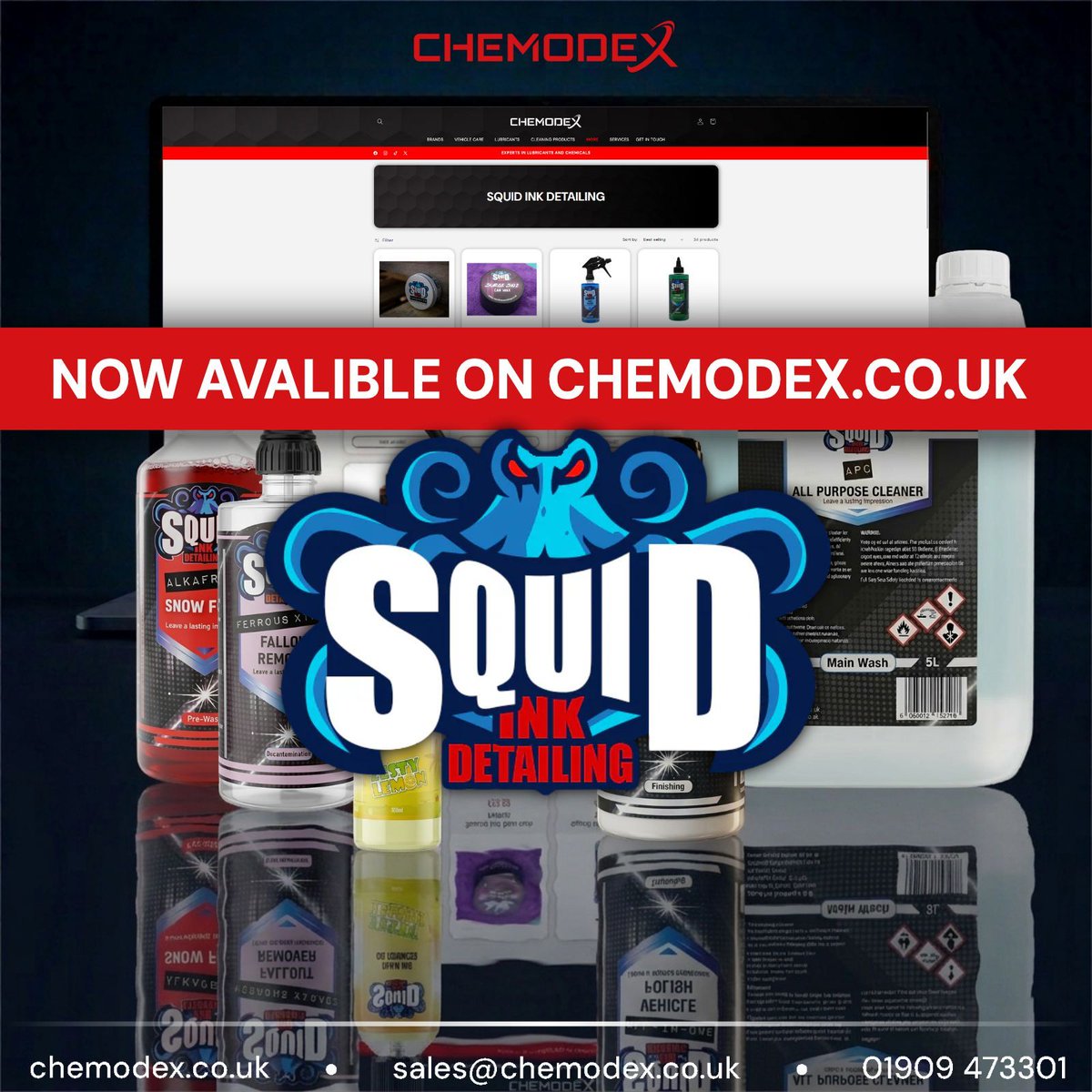 ChemodexLimited's tweet photo. Get that Squid Ink shine no matter where you get your detailing products. Chemodex is proud to expand our vehicle care offering Squid Ink Detailing products on our website.
Available at: https://t.co/tVo4lMmRAM
Contact us about a trade account at https://t.co/RQz6HA6cmD https://t.co/Qf3V578eI6