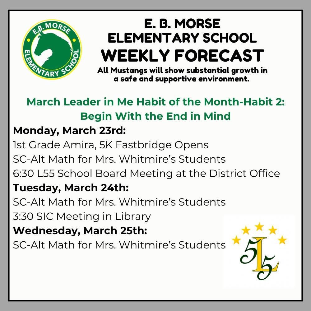 EB_MUSTANGS's tweet image. The Weekly Forecast for the Week of March 23-27, 2026. A plain text version of the schedule can be found at tinyurl.com/mrs2vs5e. #5StarCulture #WatchUsGrow