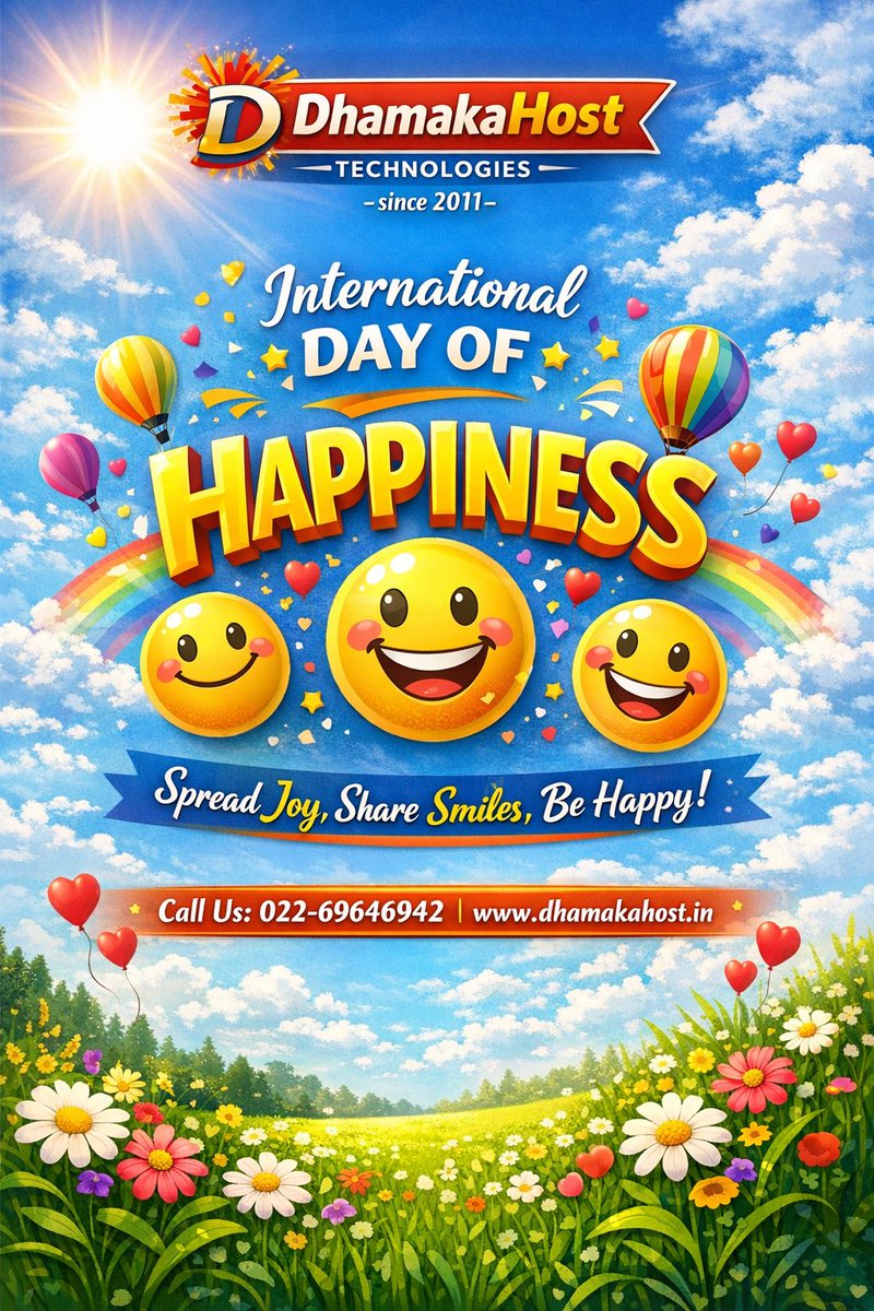 DhamakaHost's tweet photo. 🌈 Celebrate Happiness Today! 😊
DhamakaHost Technologies (Since 2011) wishes you a joyful International Day of Happiness!

Spread smiles, share positivity &amp; keep shining ✨
📞 022-69646942

🌐 https://t.co/eZMgqpKs1g
#InternationalDayOfHappiness #StayHappy #DhamakaHost https://t.co/hbWnKwNECk