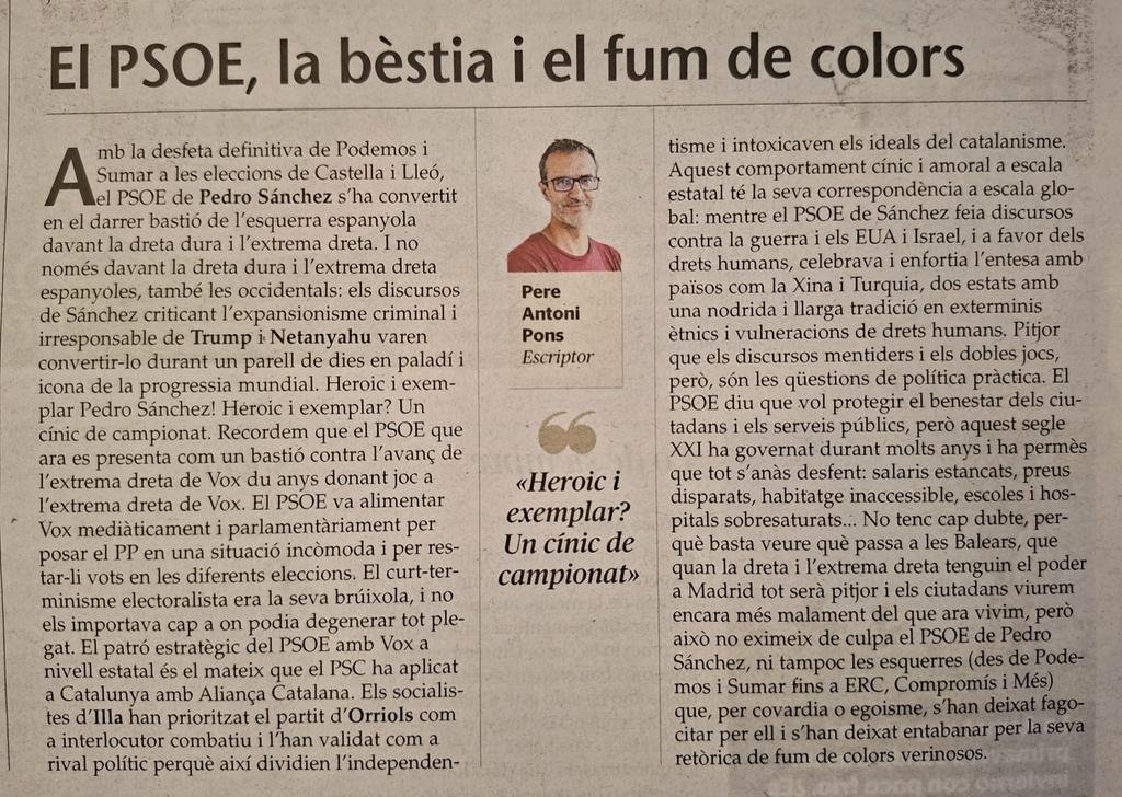 El PSOE que ara es presenta com un bastió contra l’extrema dreta de VOX du anys donant joc a l’extrema dreta de VOX. I el patró estratègic del PSOE amb VOX a nivell estatal és el mateix que el PSC ha aplicat a Catalunya amb Aliança Catalana. Lo d'aquest divendres a l'UH.