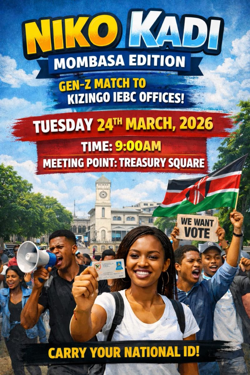 AmkeniC's tweet image. TUKO KADI MOMBASA EDITION
Kama KIJANA huja register?

Njoo TUESDAY, Ujisajili ukue KADI

Tupatane Treasurer Square (Next to the Governor's office)
Saa 9:00am - SIKU ya Jumanne - 24th March 2026

#amkeni #nikokadi #VoterRegistration #letsmovetogether 
@Shamir_Activist
@IEBCKenya