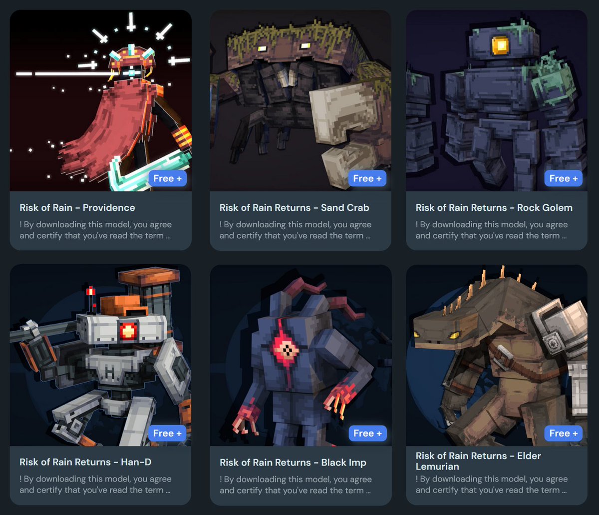 It's Friday, so it's the turn of my Risk of Rain models to be uploaded, now all freely available on my Ko-Fi page.

The Halo:CE kig-yar model from this Monday has also been uploaded.

#3d #pixelart #lowpoly #Blockbench #Minecraft