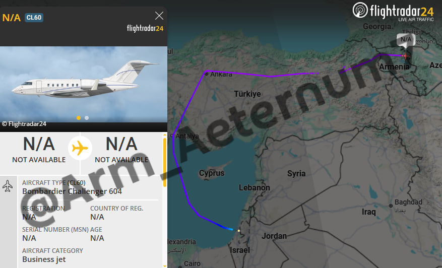 Aeternum7's tweet photo. Another business jet flight from #Israel to #Azerbaijan 

It appears this is already the 4th flight I’ve spotted (at least one other occurred previously) by business jets on this route during the conflict.

I have written about 2 of them earlier. 

#Iran #Armenia https://t.co/mB3eYAmXyq