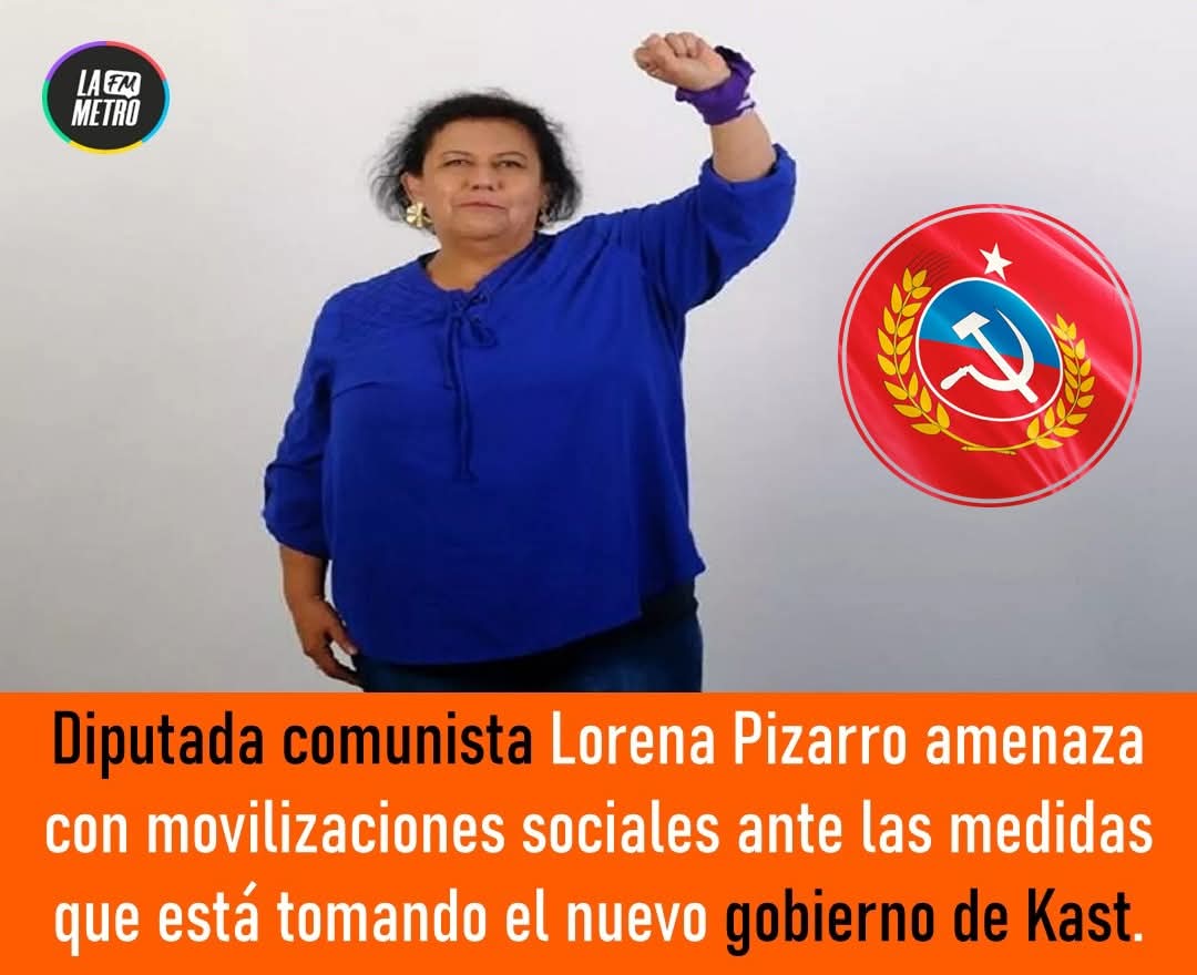 Diputada comunista Lorena Pizarra amenaza con movilizaciones sociales ante las medidas q está tomando el Presidente Kast. 
Así lo advirtió la parlamentaria de extrema izquierda, en un punto de prensa.
‼️CORTEN EL WEBEO CDSM, HDP, ACEPTEN LA DERROTA ‼️