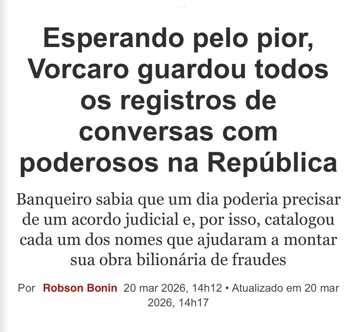Será? 🙏

“Diferentemente dos escândalos passados, o vasto arquivo de Vorcaro, nas mãos da PF e do ministro André Mendonça, tornou-se um monstro grande demais para ser abafado. E aí reside a insônia de figurões de diferentes gabinetes de Brasília. O banqueiro terá de falar, terá