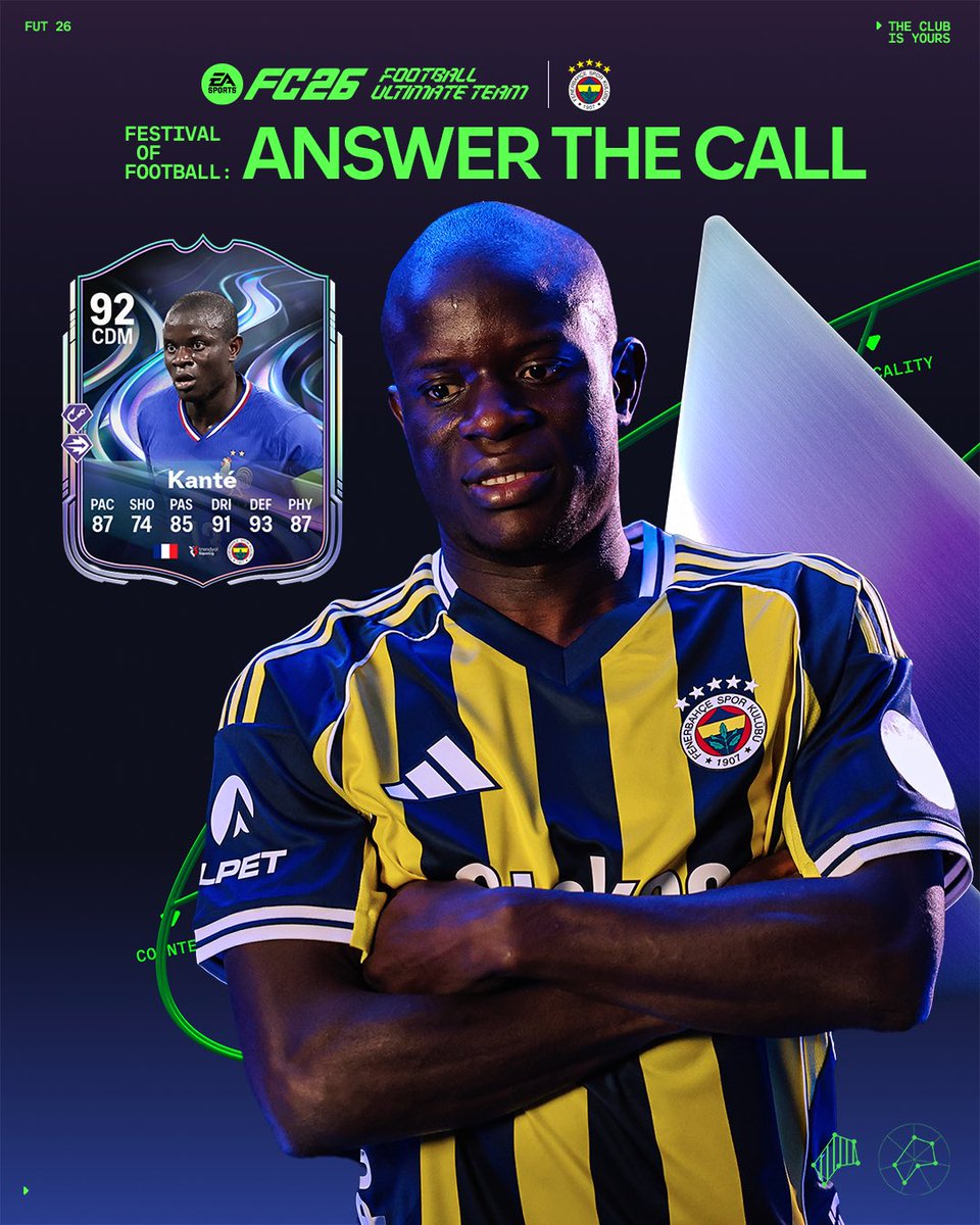 Telefon çalıyor…Kanté hazır. 💥

Festival of Football: Answer the Call ile #FC26 Ultimate Team’de yerini aldı. 

<a href="/EASPORTSFC/">EA SPORTS FC</a>