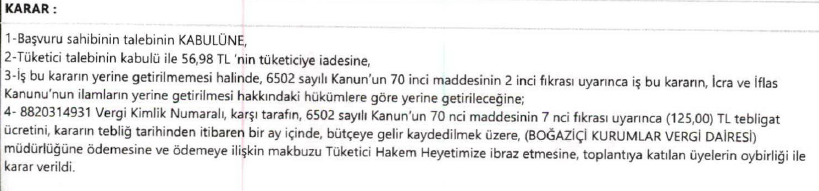 Tuvturk'te araç muayenesinde kredi kartıyla ödemesine aldığı 56,98 TL'lik fark ücretine yaptığım itirazda haklı bulundum, tüketici heyeti bu tutarın iadesine karar verdi. (üstüne dosya masrafı ödeyecekler)  <a href="/TUVTURK/">TÜVTÜRK</a> bu hukuksuz uygulamadan vazgeçene kadar herkes bu ücrete itiraz