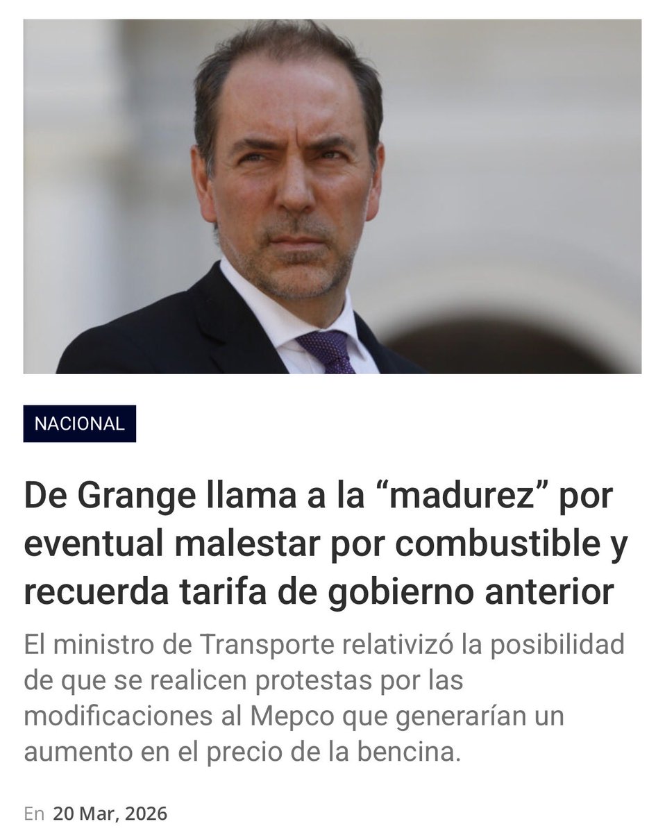 Ahora resulta que quienes alegamos por el alza de los combustibles somos “inmaduros” para el nuevo ministro <a href="/louisdegrange/">Louis de Grange</a> 
Vía <a href="/ElPeriodista/">El Periodista</a>