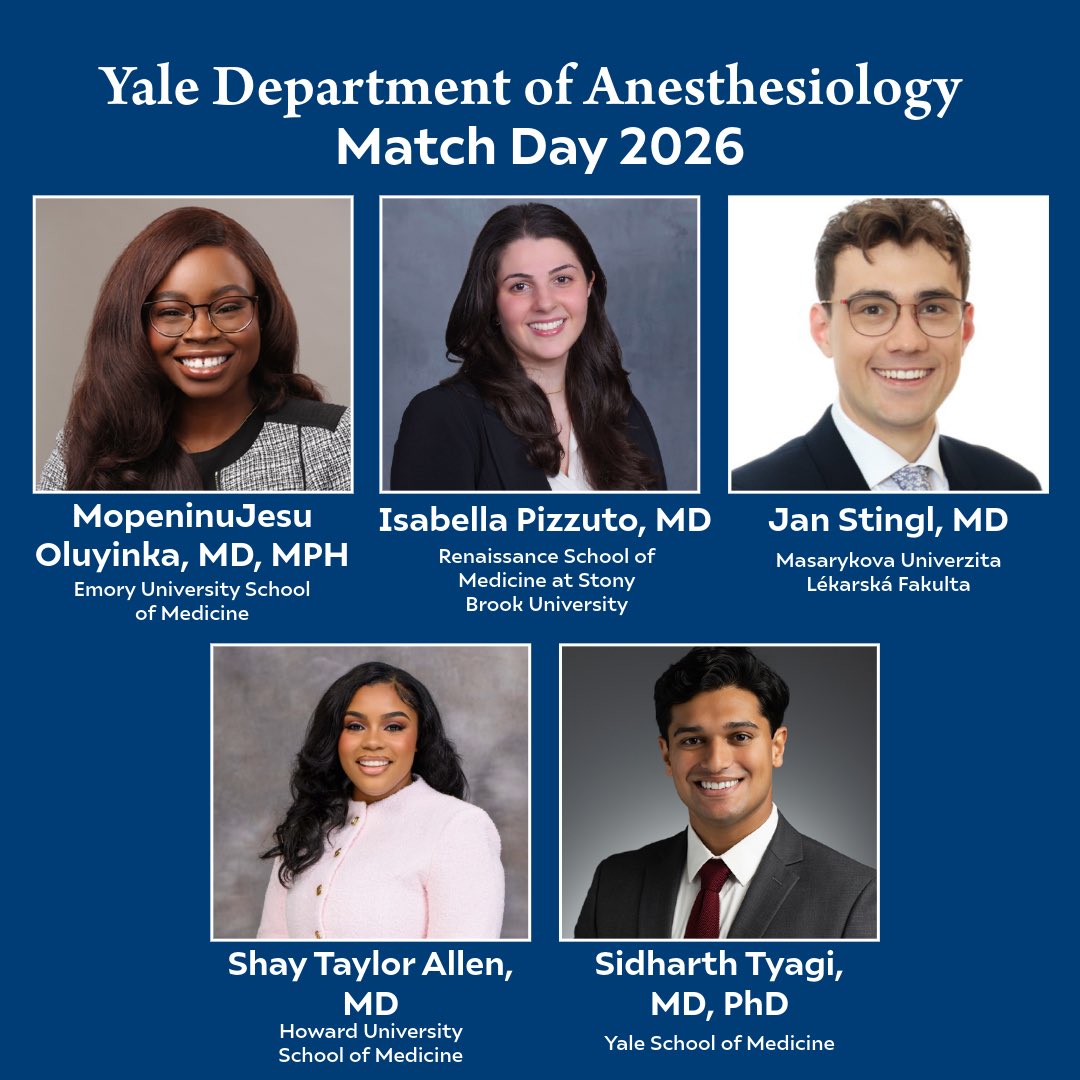 YAnesthesiology's tweet photo. Congratulations to the incoming Yale anesthesiology residents! We are SO excited to welcome you as you begin your residency journey with us! 🥳🩺 #matchday2026 #yaleschoolofmedicine #yaleanesthesiology https://t.co/HL7aR6UHaV