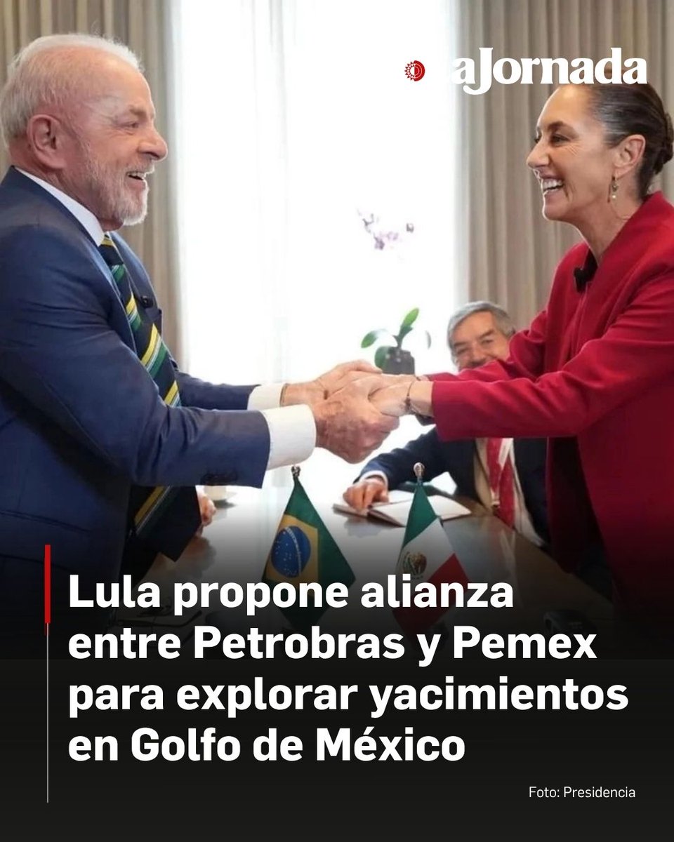 🇧🇷 🇲🇽 El presidente brasileño, Luiz Inácio Lula da Silva, declaró que había propuesto una alianza entre las empresas energéticas estatales Petrobras y Pemex para explorar yacimientos petrolíferos en el Golfo de México 🛢️.

"Pemex podría recibir una gran ayuda de Petrobras",