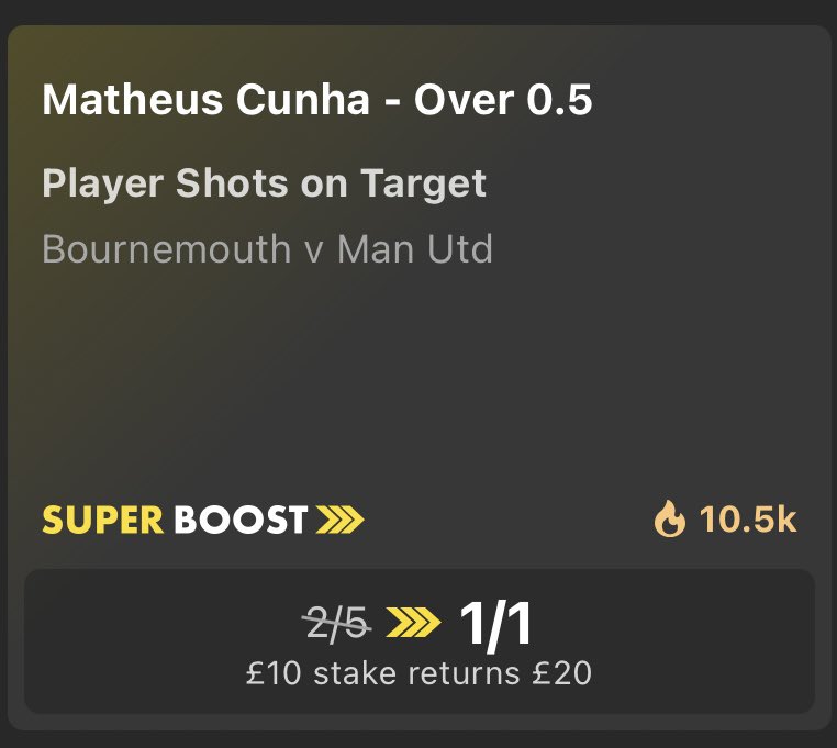 BetBradBetting's tweet image. Bet365 super boost looks inviting has had a SOT in 17 of his last 25 starts with super sub applied. Think Utd will give these a good go tonight.

3pts

#betbuilder #superboost