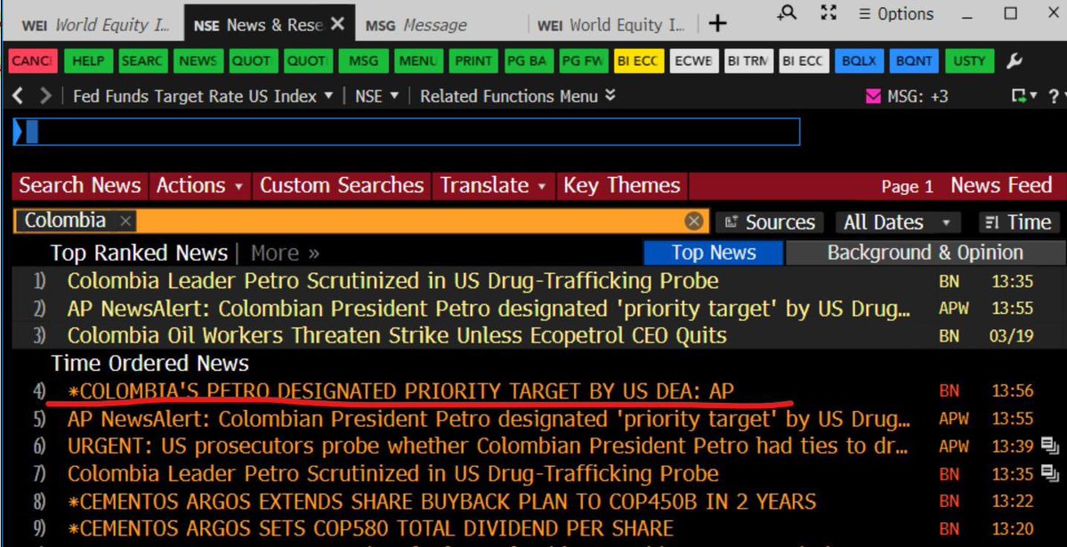 Imagen devastadora en todas las terminales de <a href="/business/">Bloomberg</a> en el mundo: “Petro de Colombia designado una prioridad por la DEA”. Gravísimo.